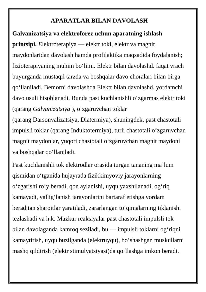 Galvanizatsiya va elektroforez uchun aparat