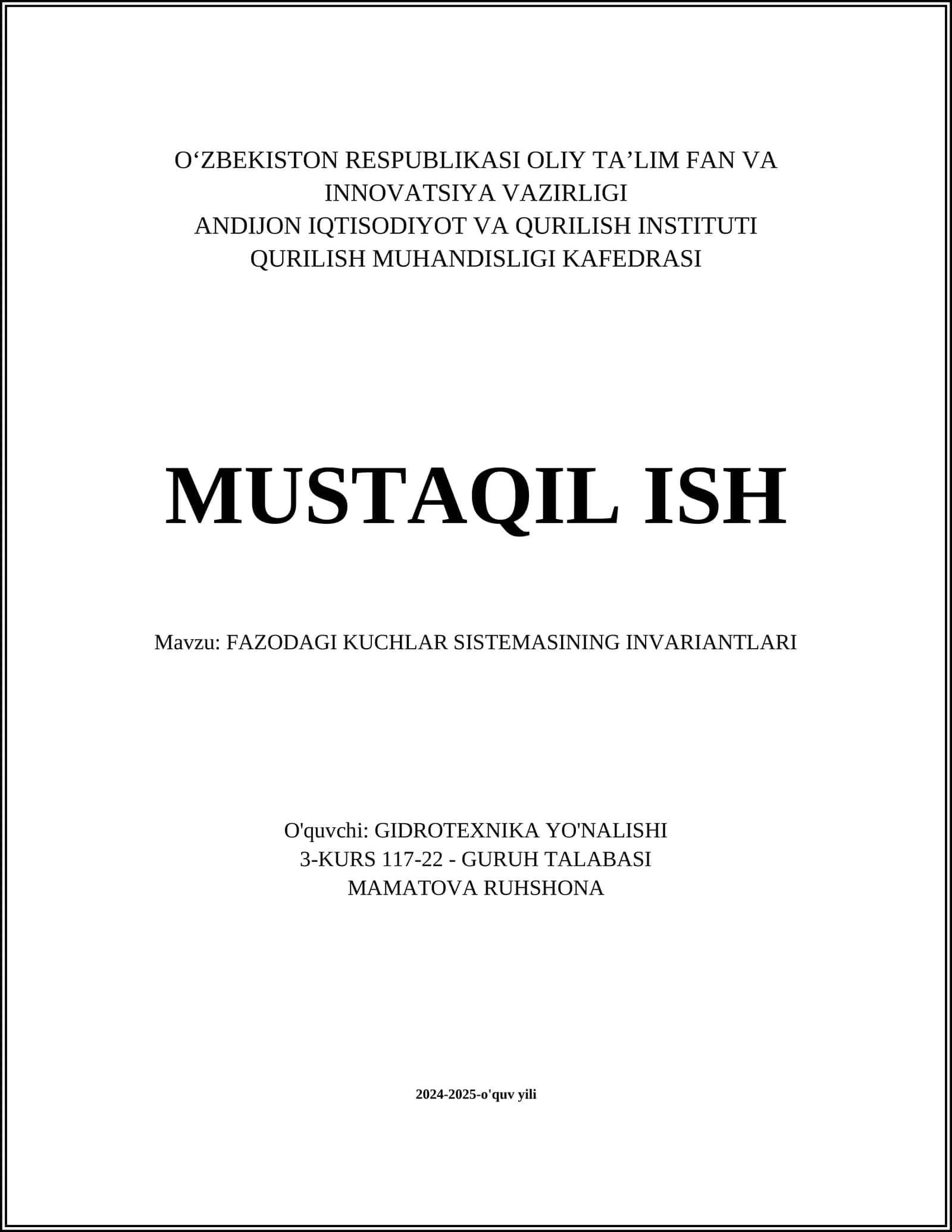 FAZODAGI KUCHLAR SISTEMASINING INVARIANTLARI