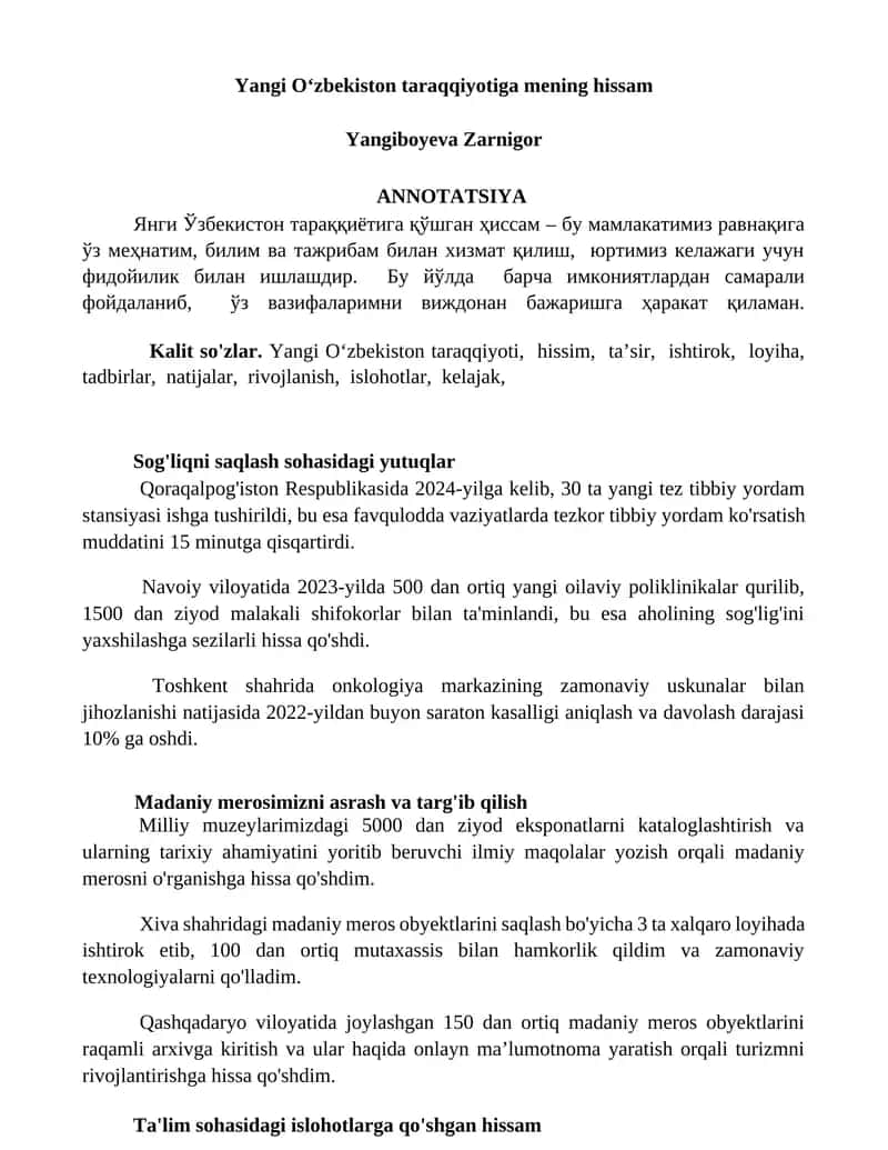 Yangi Oʻzbekiston taraqqiyotiga mening hissam
