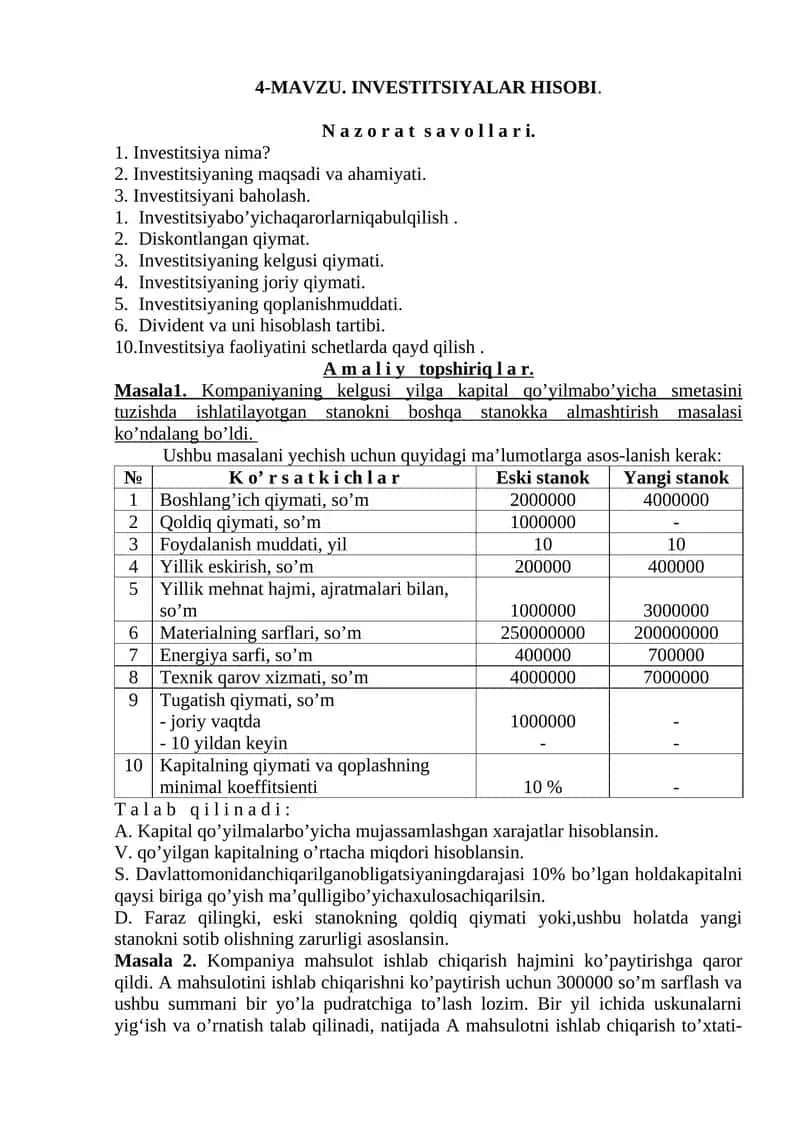 INVESTITSIYALAR HISOBI