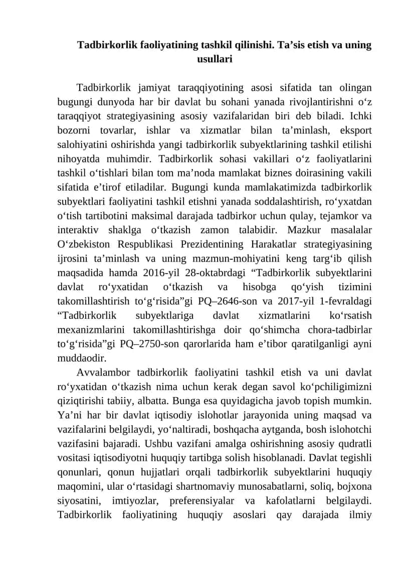 Tadbirkorlik faoliyatining tashkil qilinishi