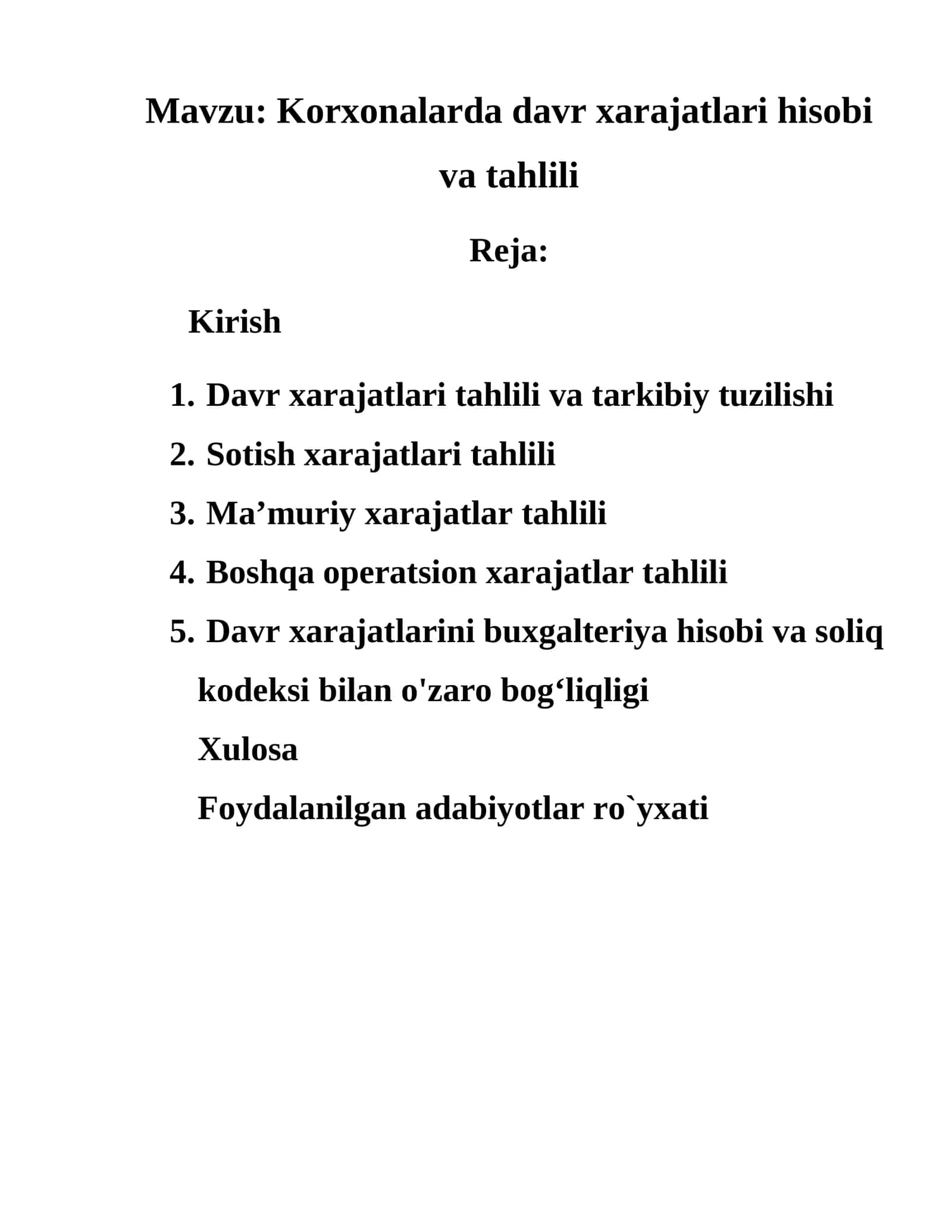 Korxonalarda davr xarajatlari hisobi va tahlili