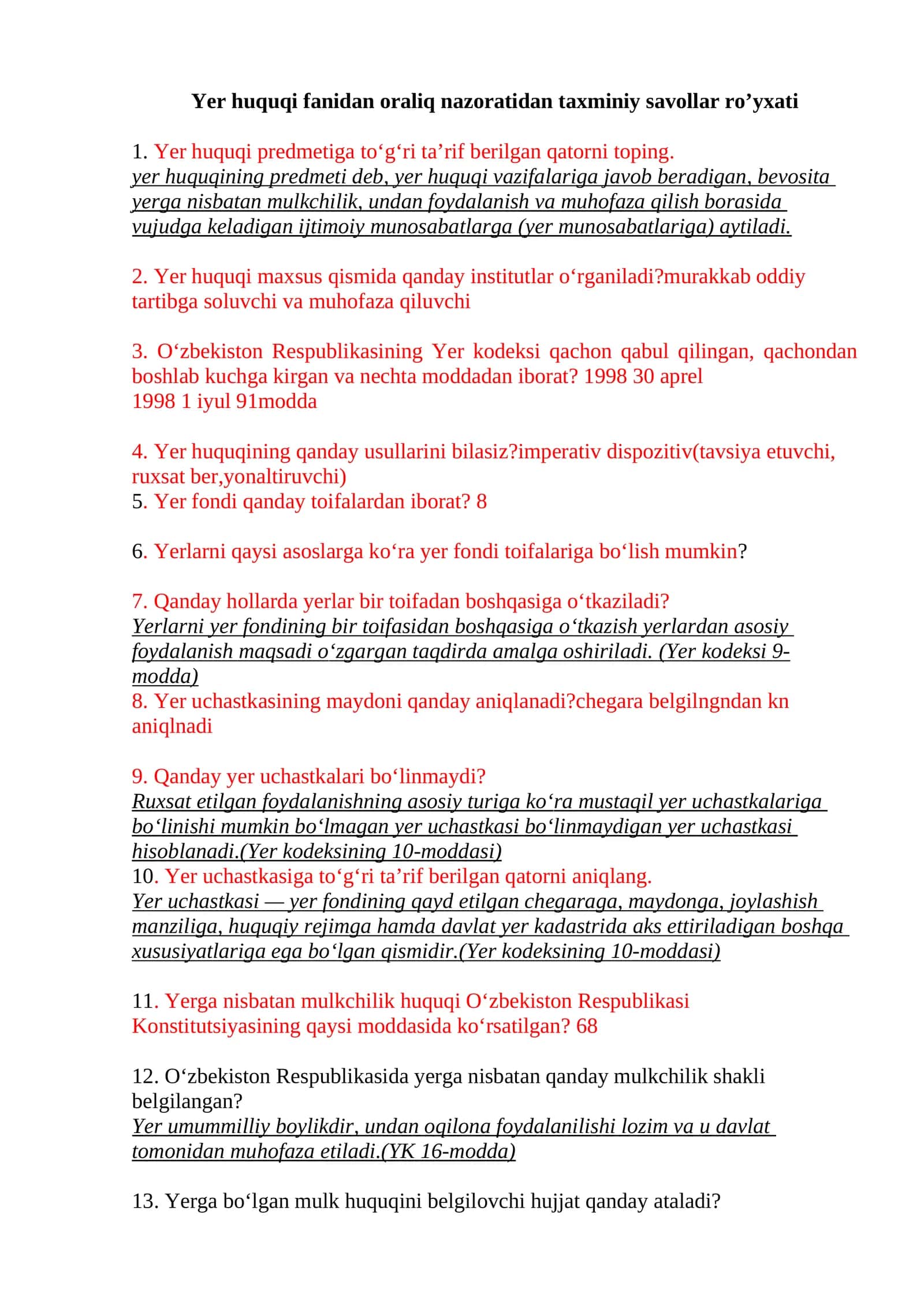 Yer huquqi fanidan oraliq nazoratidan taxminiy savollar ro’yxati