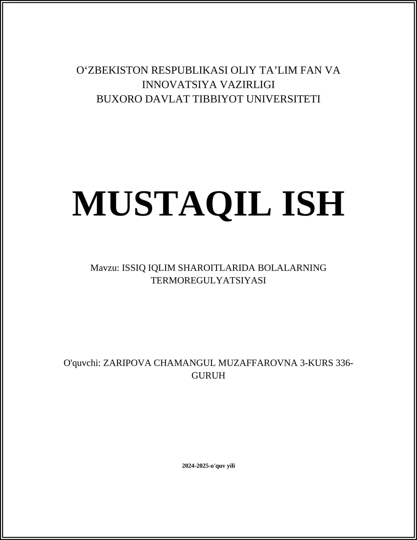 ISSIQ IQLIM SHAROITLARIDA BOLALARNING TERMOREGULYATSIYASI