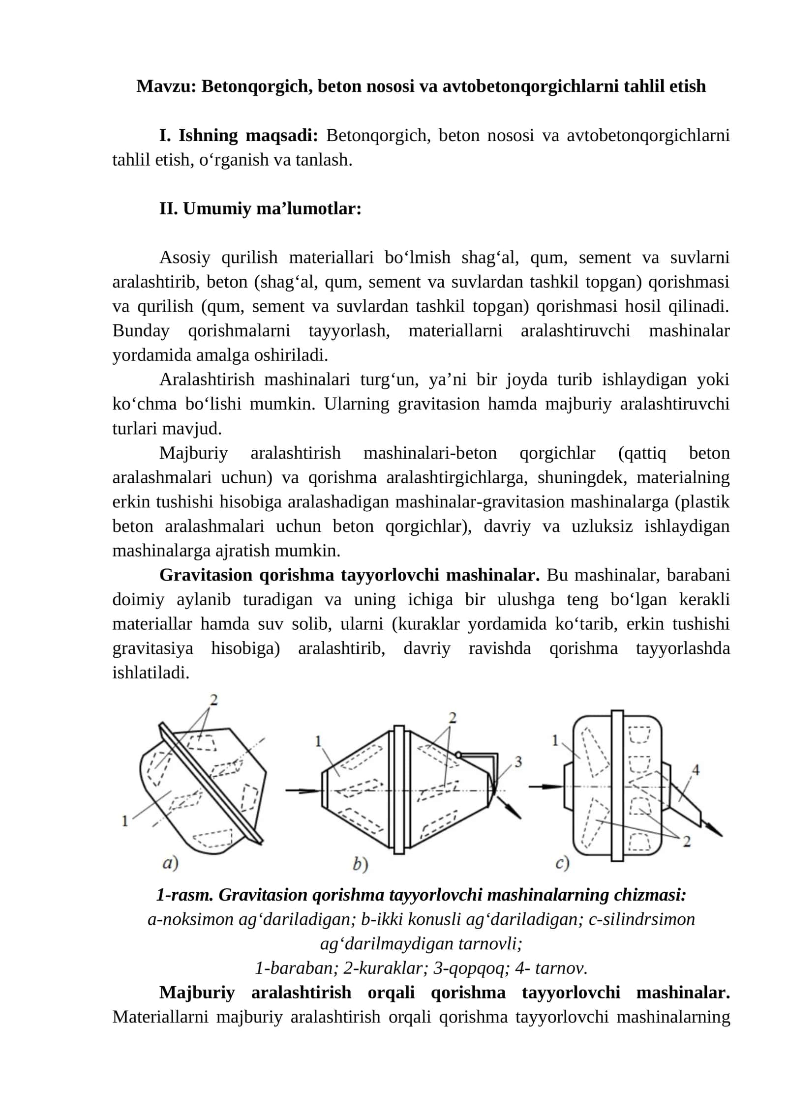 Betonqorgich, beton nososi va avtobetonqorgichlarni tahlil etish