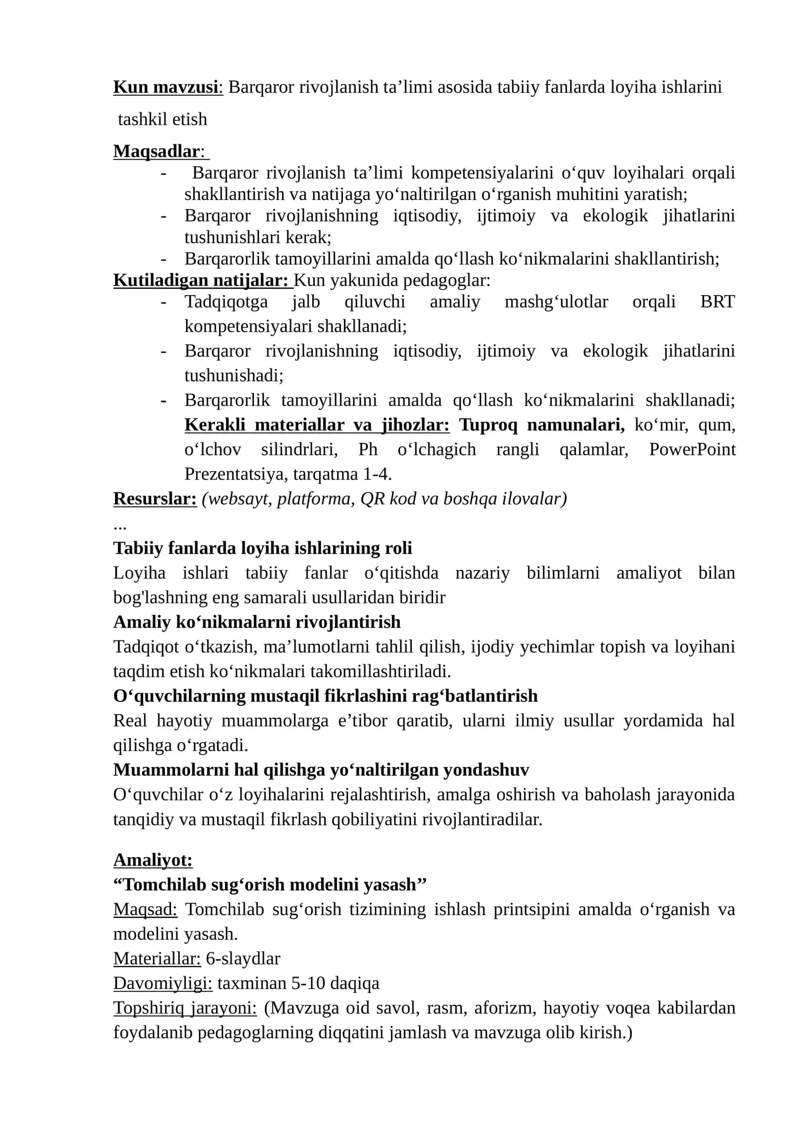 Barqaror rivojlanish ta’limi asosida tabiiy fanlarda loyiha ishlarini tashkil etish