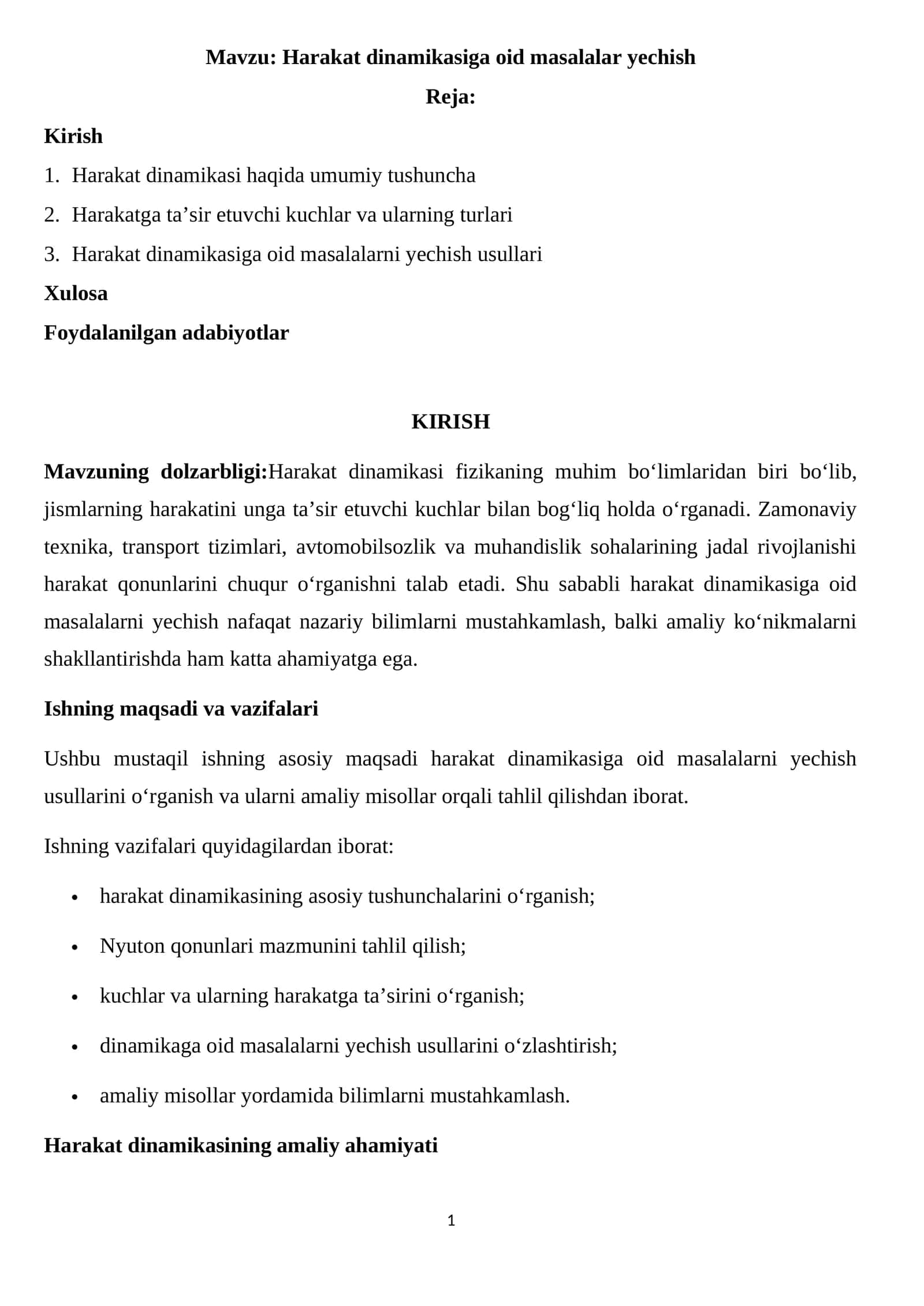 Harakat dinamikasiga oid masalalar yechish