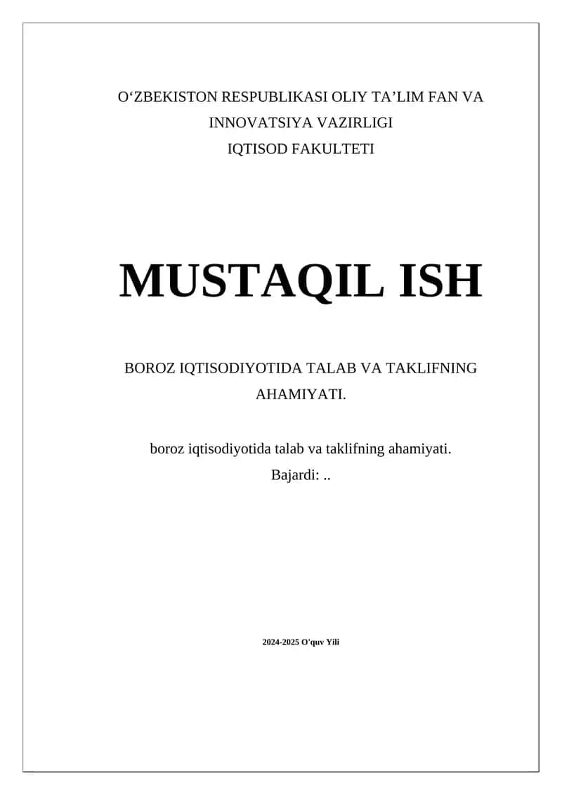 Boroz iqtisodiyotida talab va taklifning ahamiyati