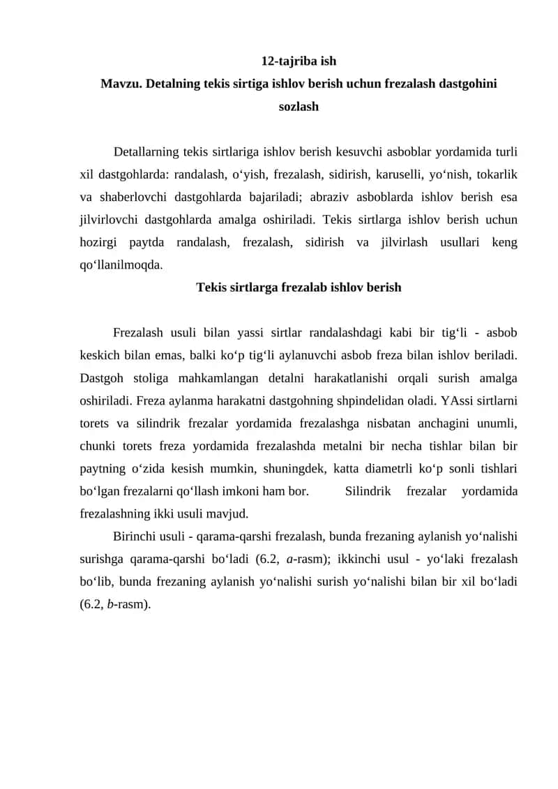 Tekis sirtlarga frezalab ishlov berish