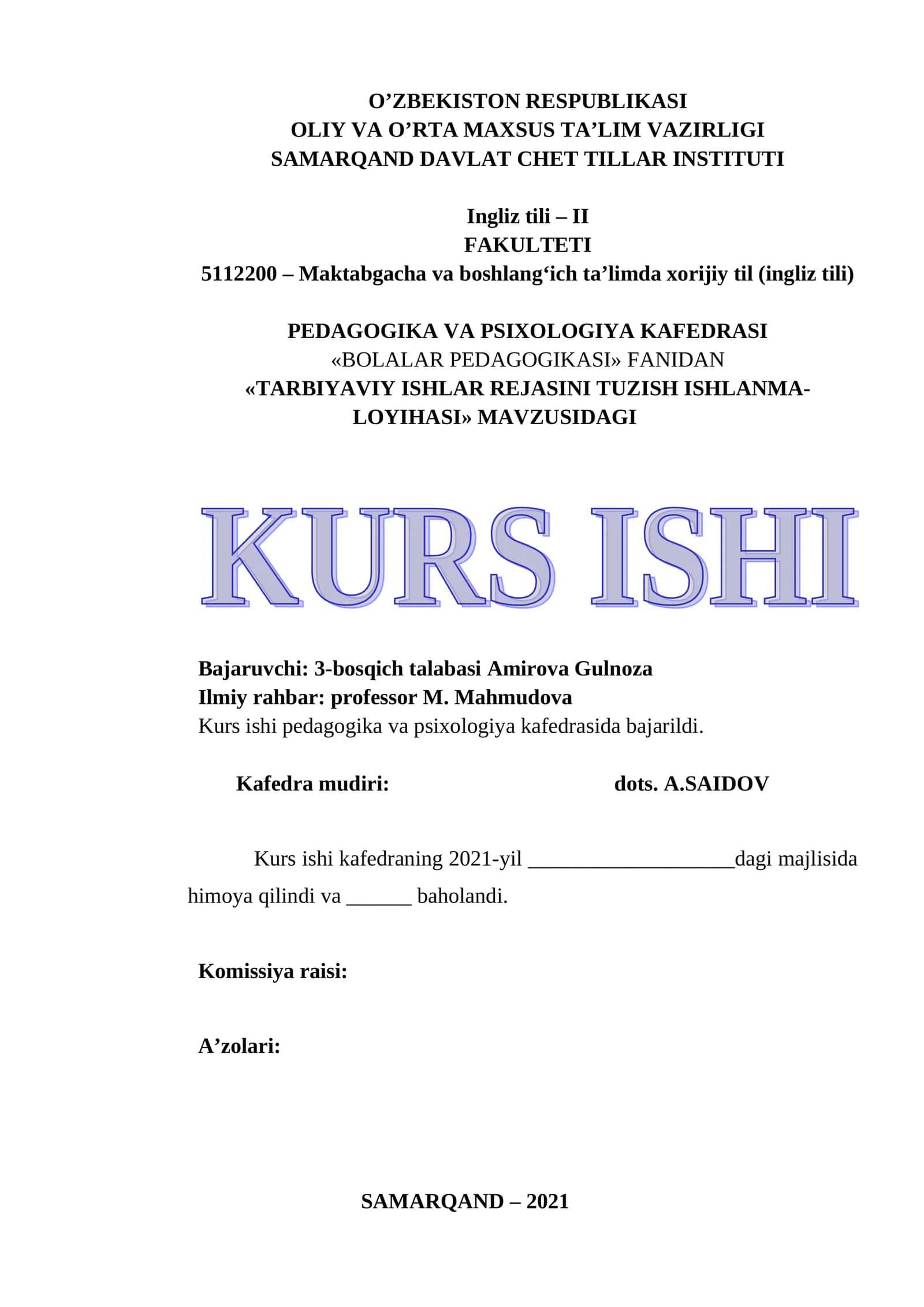 "TARBIYAVIY ISHLAR REJASINI TUZISH ISHLANMA-LOYIHASI"