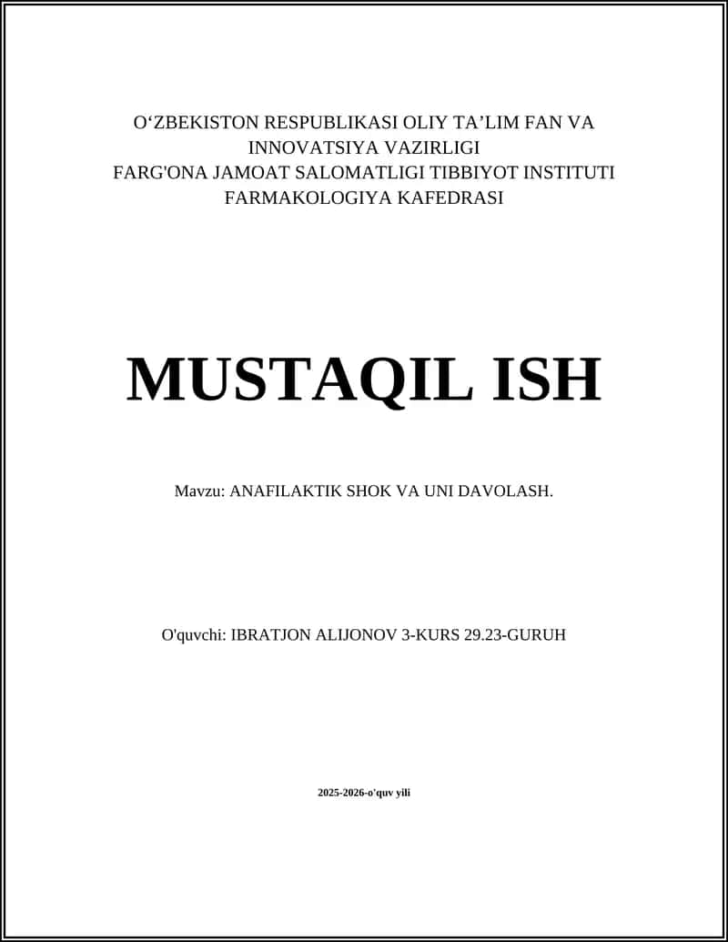 ANAFILAKTIK SHOK VA UNI DAVOLASH