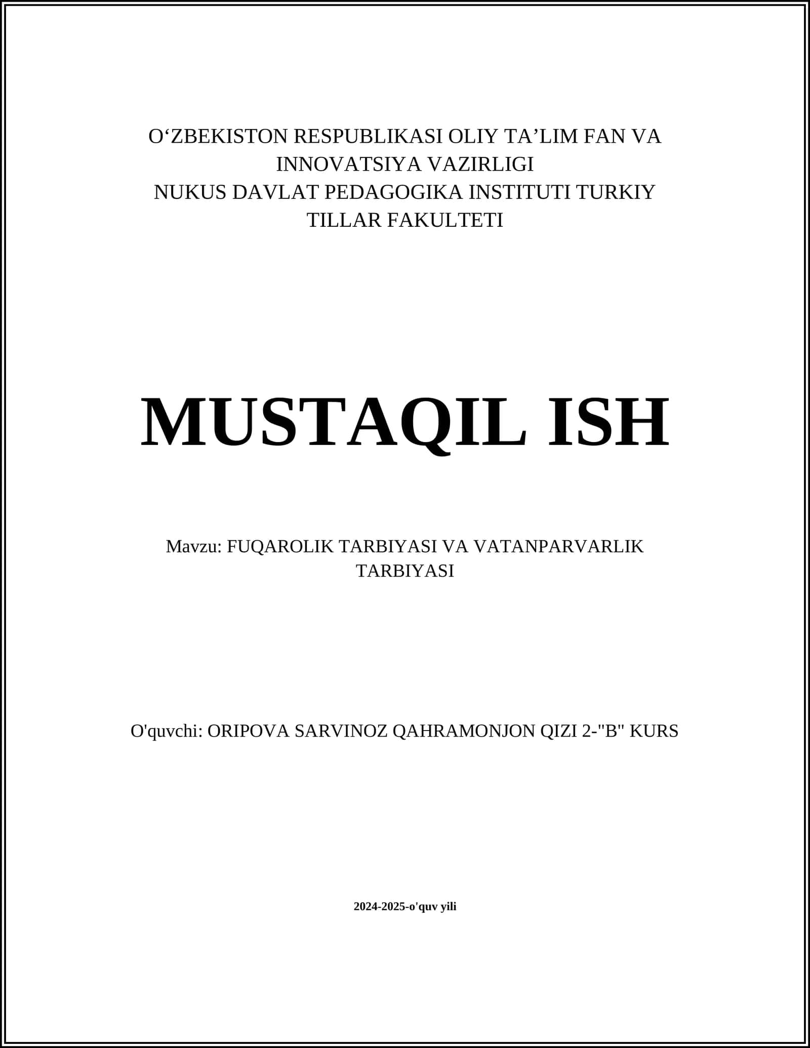 FUQAROLIK TARBIYASI VA VATANPARVARLIK TARBIYASI