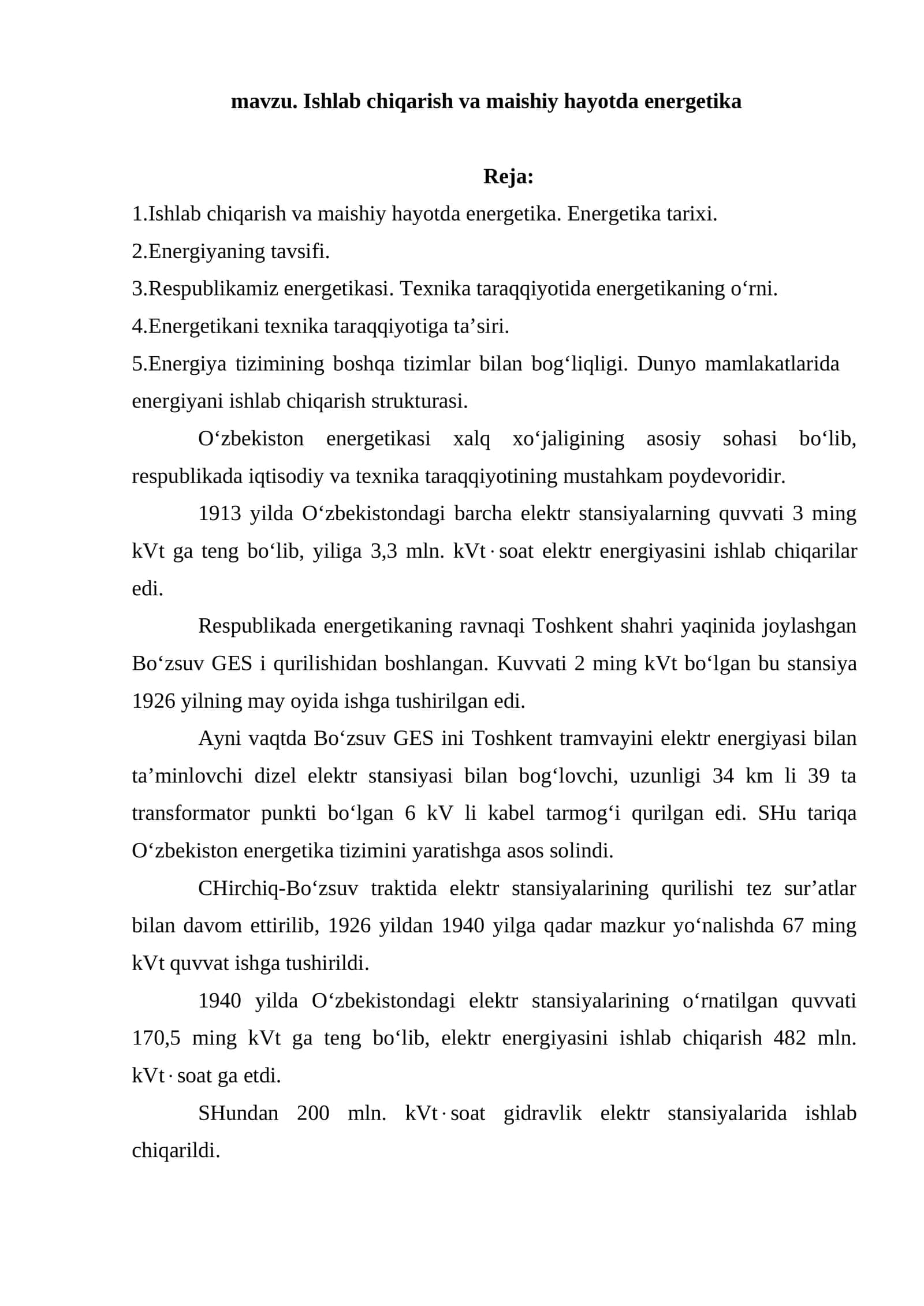 Ishlab chiqarish va maishiy hayotda energetika