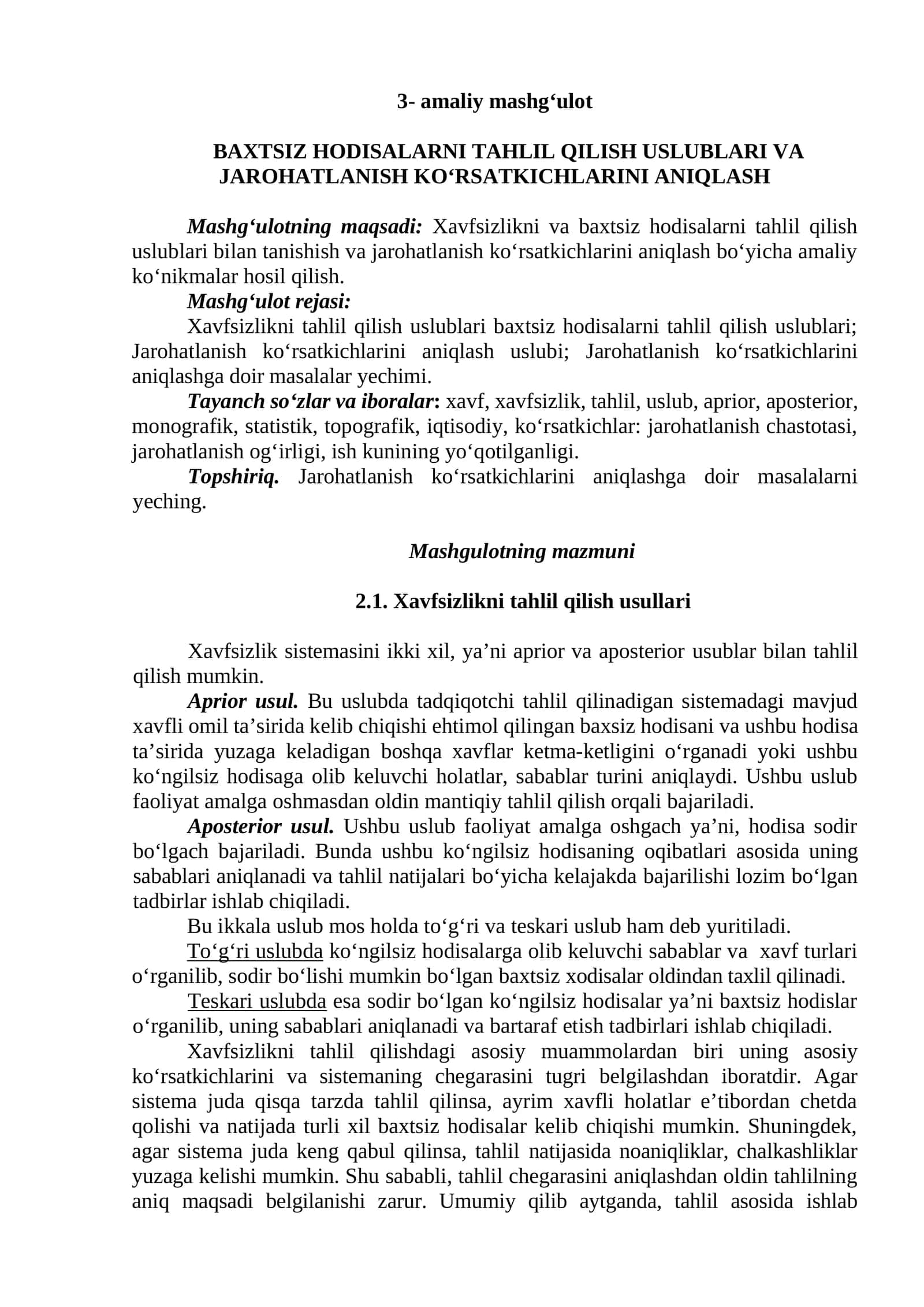 BAXTSIZ HODISALARNI TAHLIL QILISH USLUBLARI VA JAROHATLANISH KO‘RSATKICHLARINI ANIQLASH