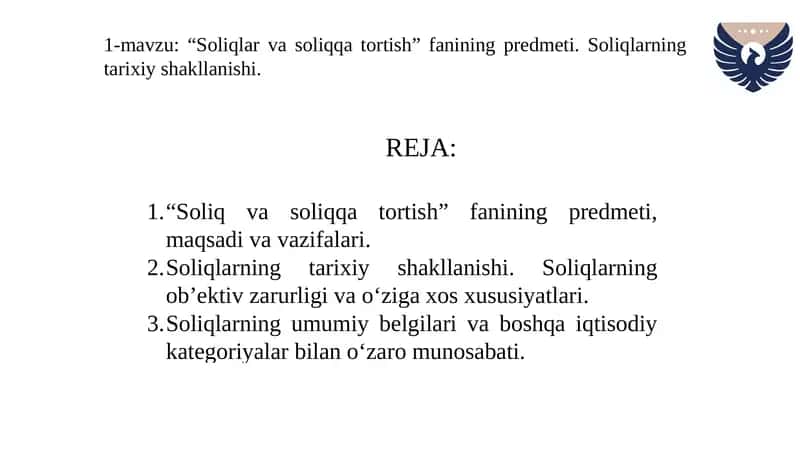 “Soliq va soliqqa tortish” fanining predmeti. Soliqlarning tarixiy shakllanishi. 2026-yil