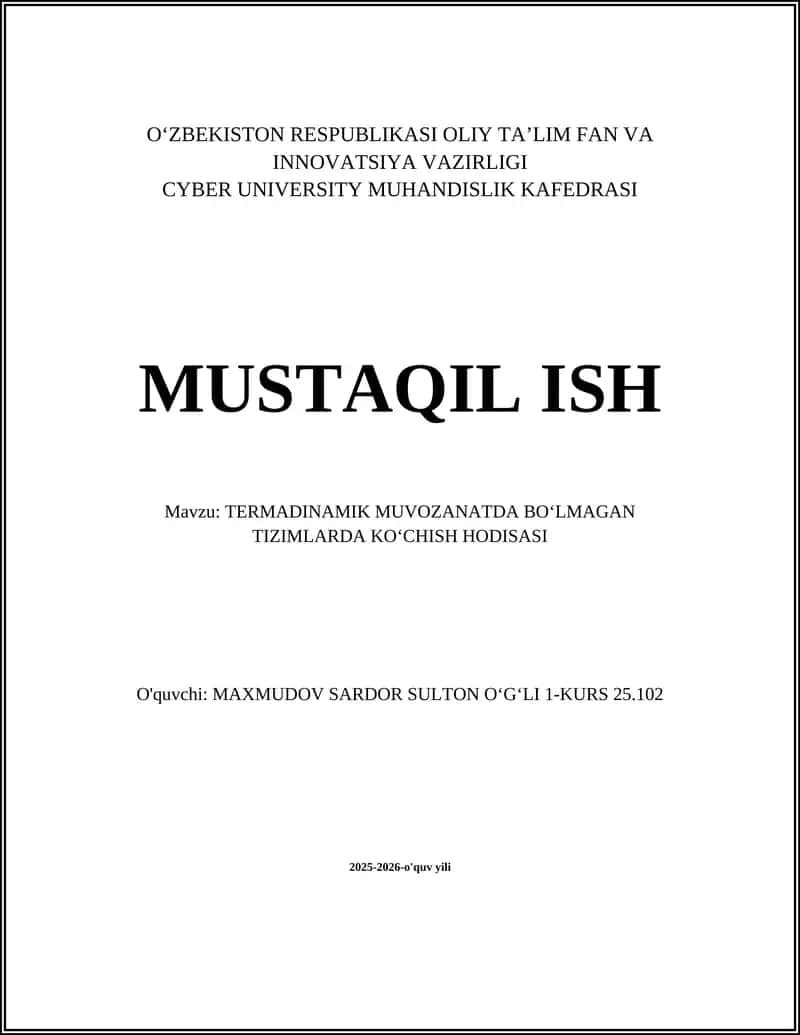 TERMADINAMIK MUVOZANATDA BO'LMAGAN TIZIMLARDA KO'CHISH HODISASI