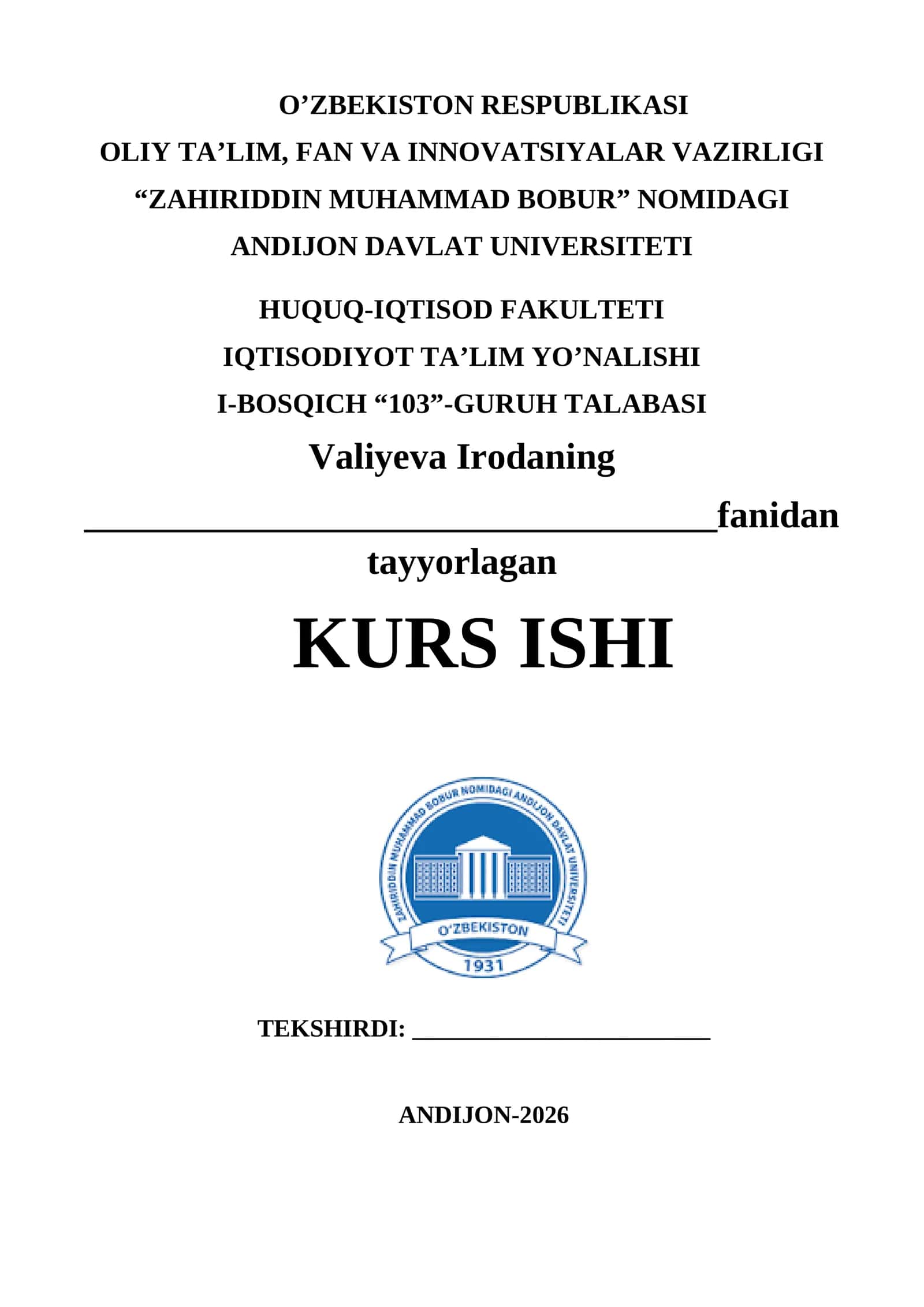 KURS ISHI IQTISODIYOTDA TALAB VA TAKLIF