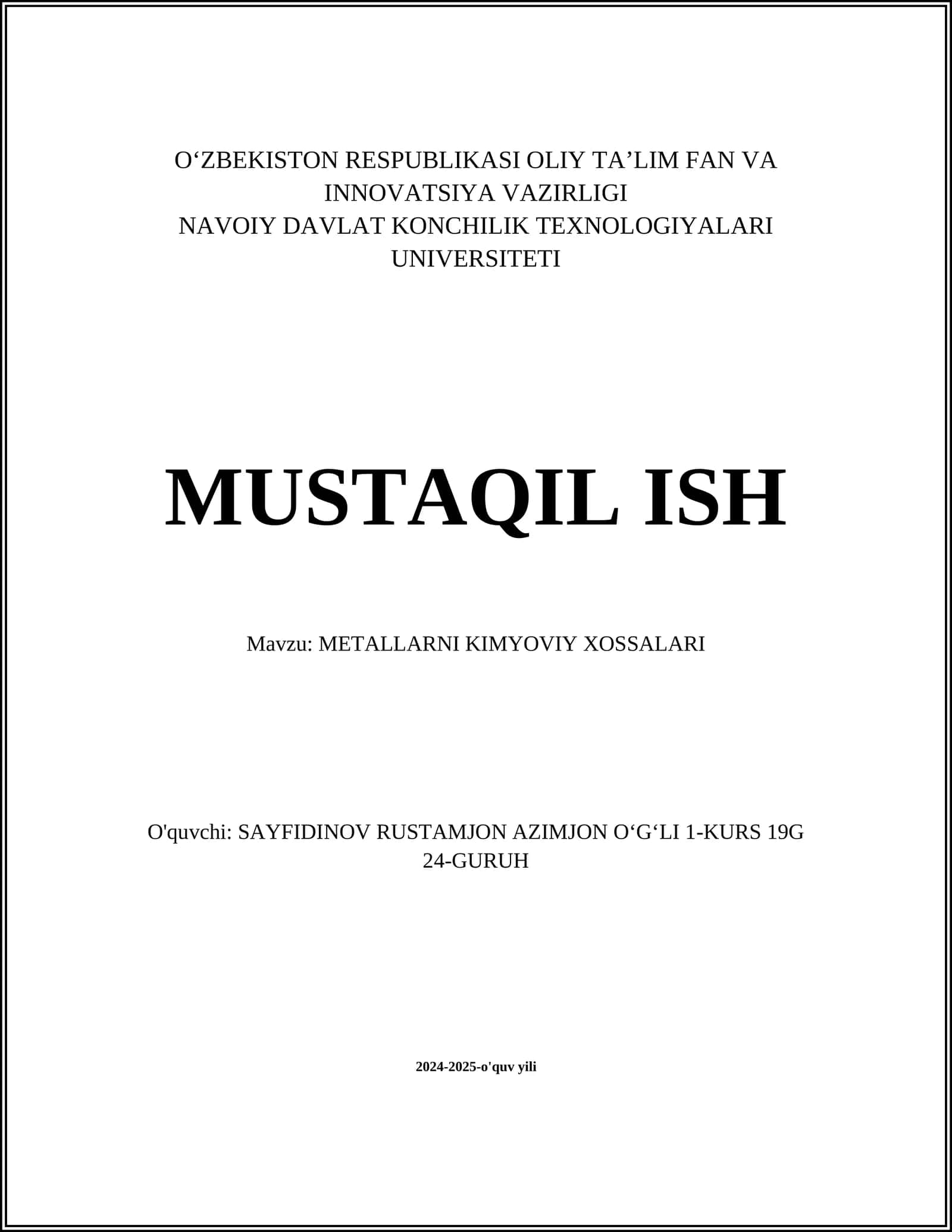 METALLARNI KIMYOVIY XOSSALARI