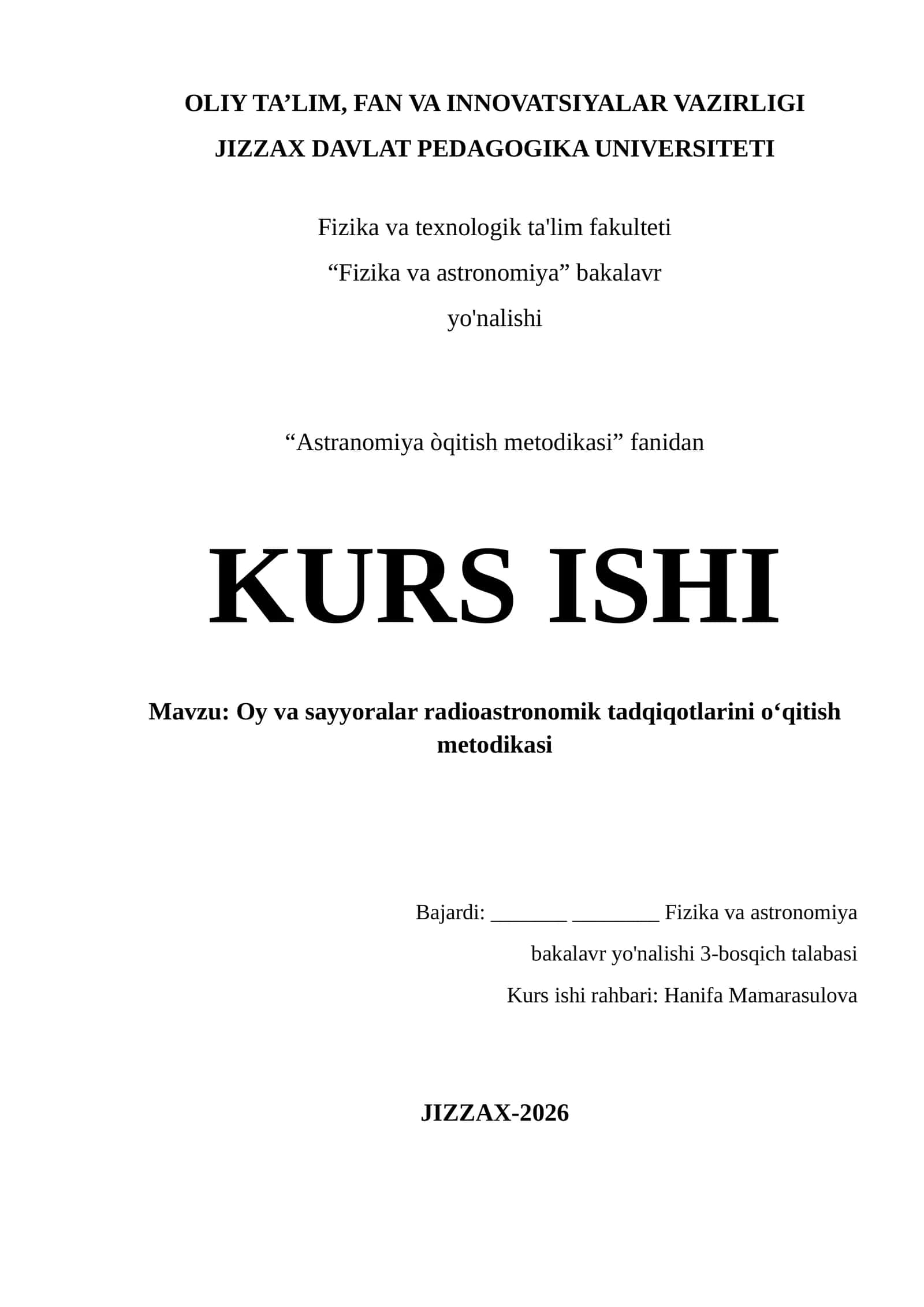 Oy va sayyoralar radioastronomik tadqiqotlarini o‘qitish metodikasi