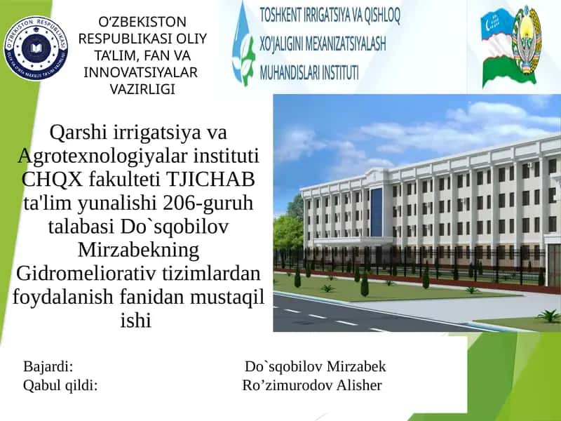 GIDROMELIORATIV TIZIMLARDAN FOYDALANISHDAGI MAVJUD QONUNLAR VA QOIDALAR