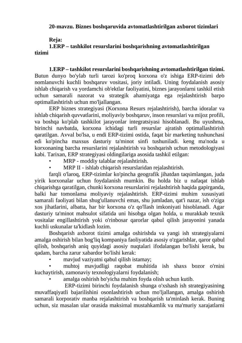 ERP – Tashkilot resurslarini boshqarishning avtomatlashtirilgan tizimi