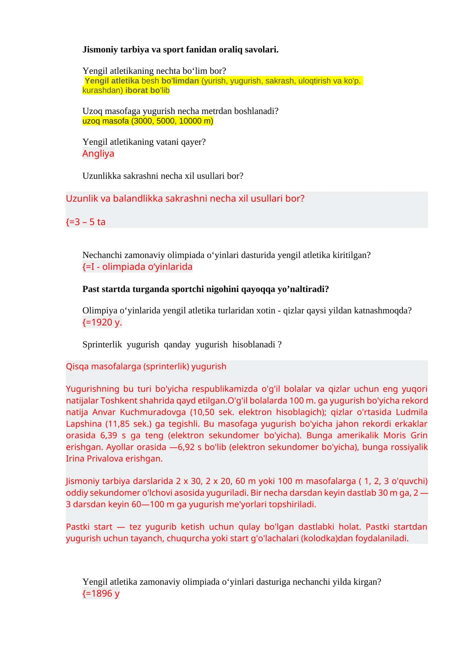 Jismoniy tarbiya va sport fanidan oraliq savollari