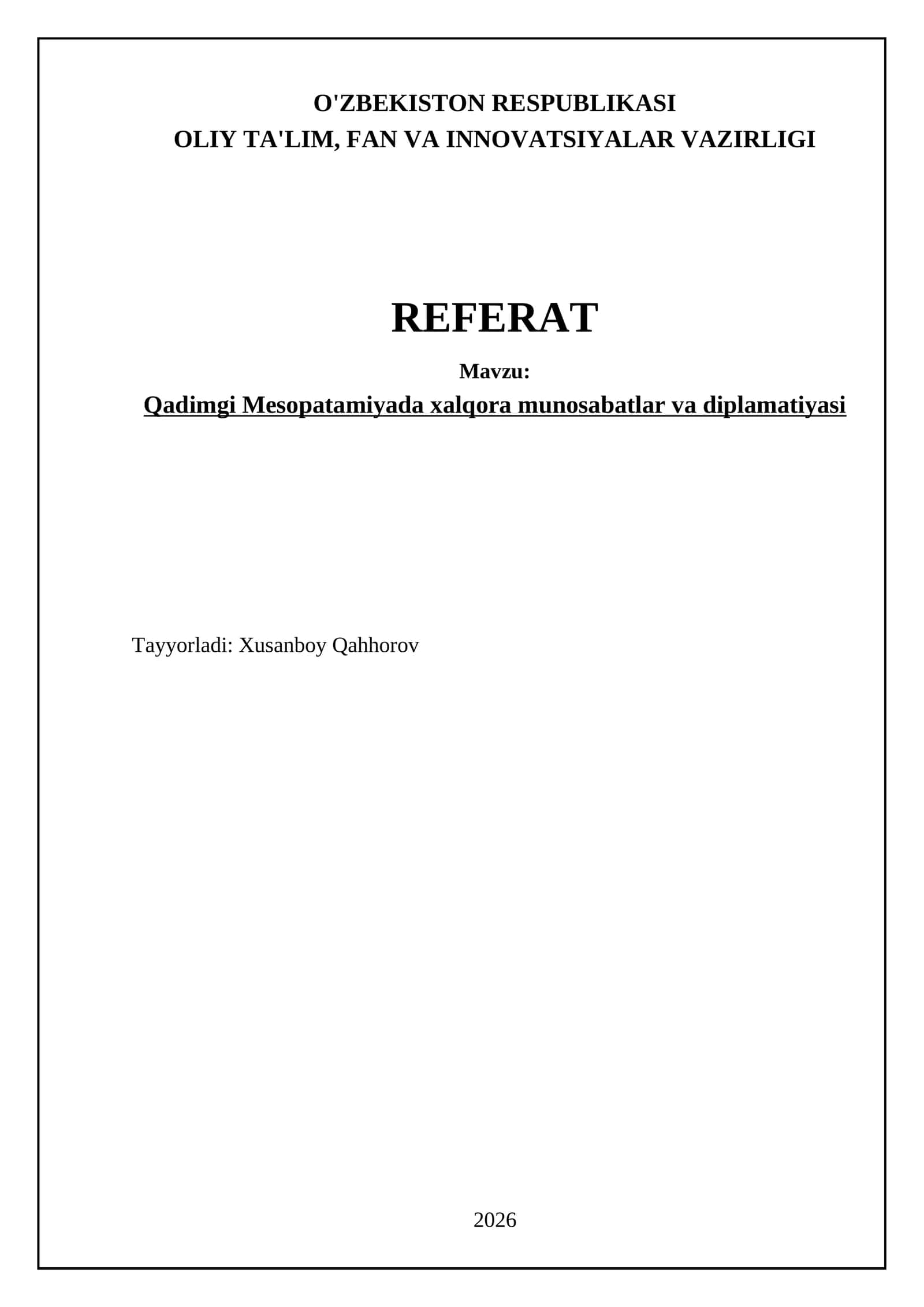 Qadimgi Mesopatamiyada xalqora munosabatlar va diplamatiyasi