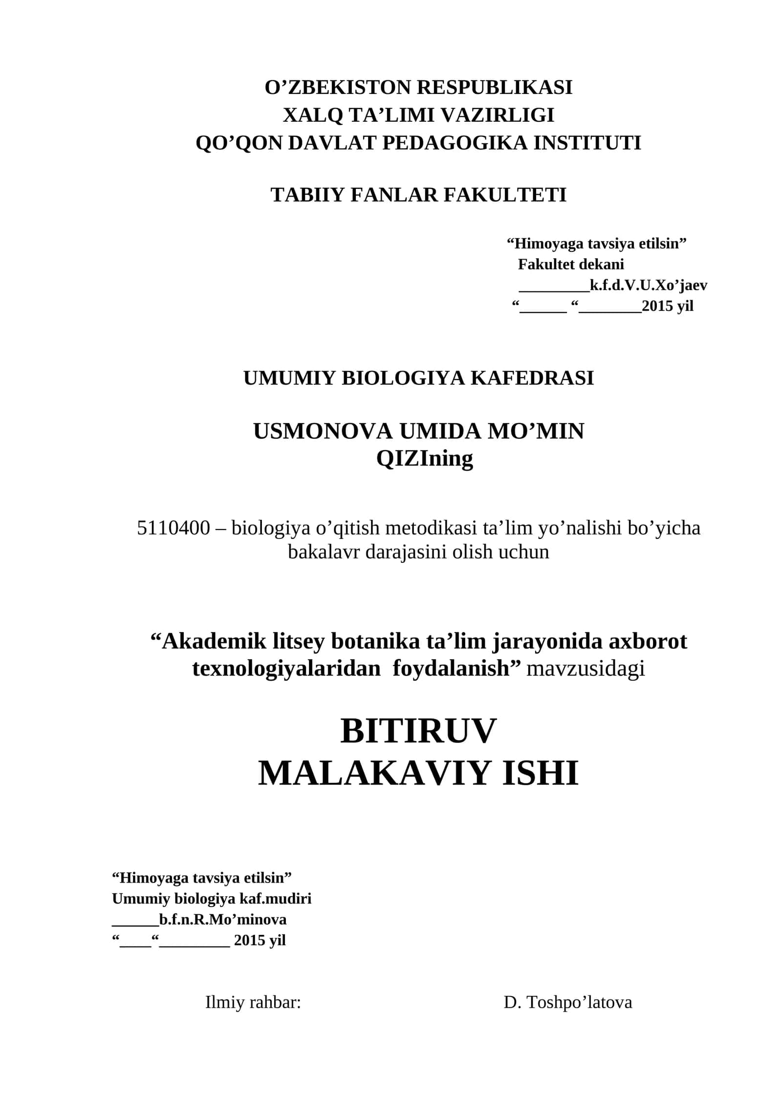 BM mavzusi: AKADEMIK LITSEY BOTANIKA TA'LIM JARAYONIDA AXBOROT TEXNOLOGIYALARIDAN FOYDALANISH
