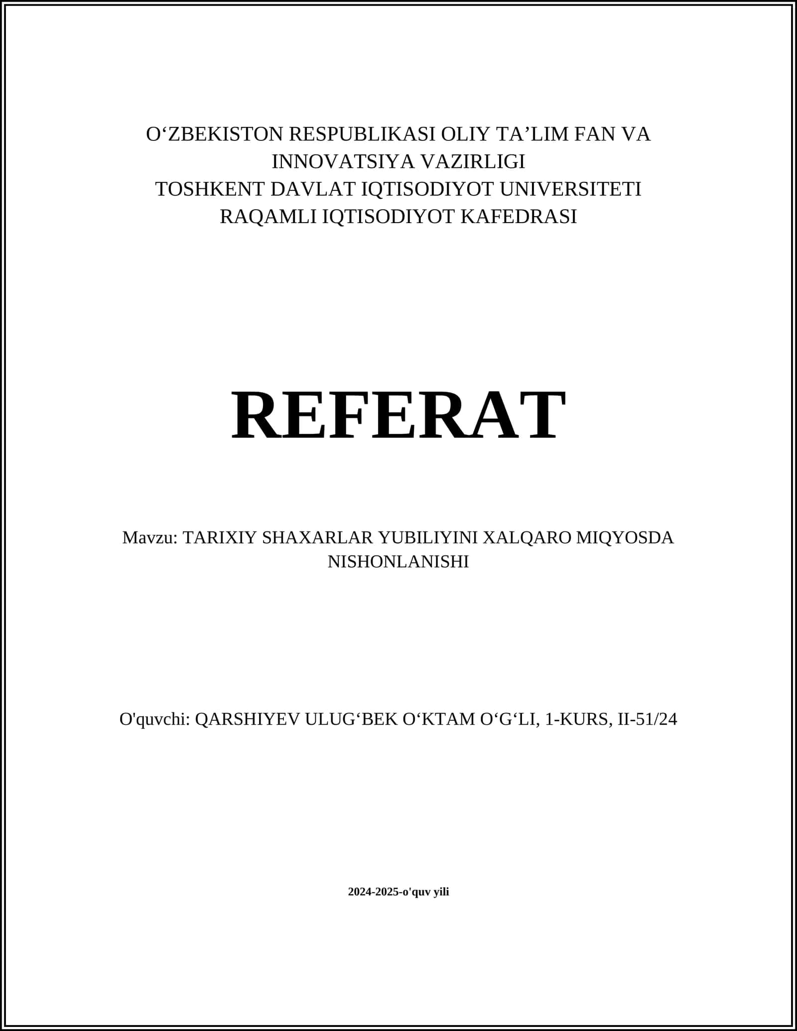 TARIXIY SHAXARLAR YUBILIYINI XALQARO MIQYOSDA NISHONLANISHI