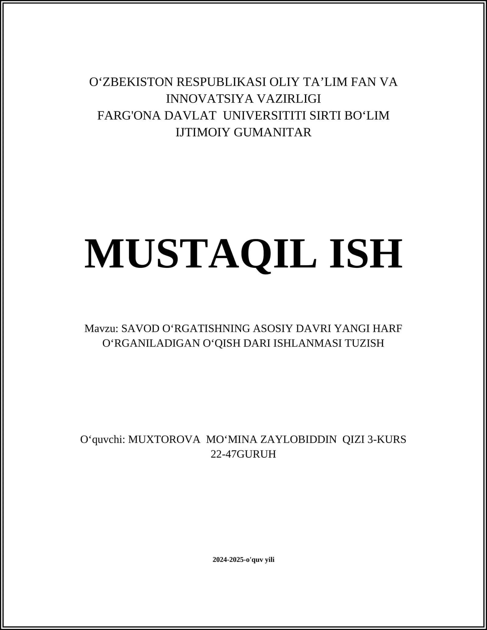 SAVOD OʻRGATISHNING ASOSIY DAVRI YANGI HARF OʻRGANILADIGAN OʻQISH DARI ISHLANMASI TUZISH