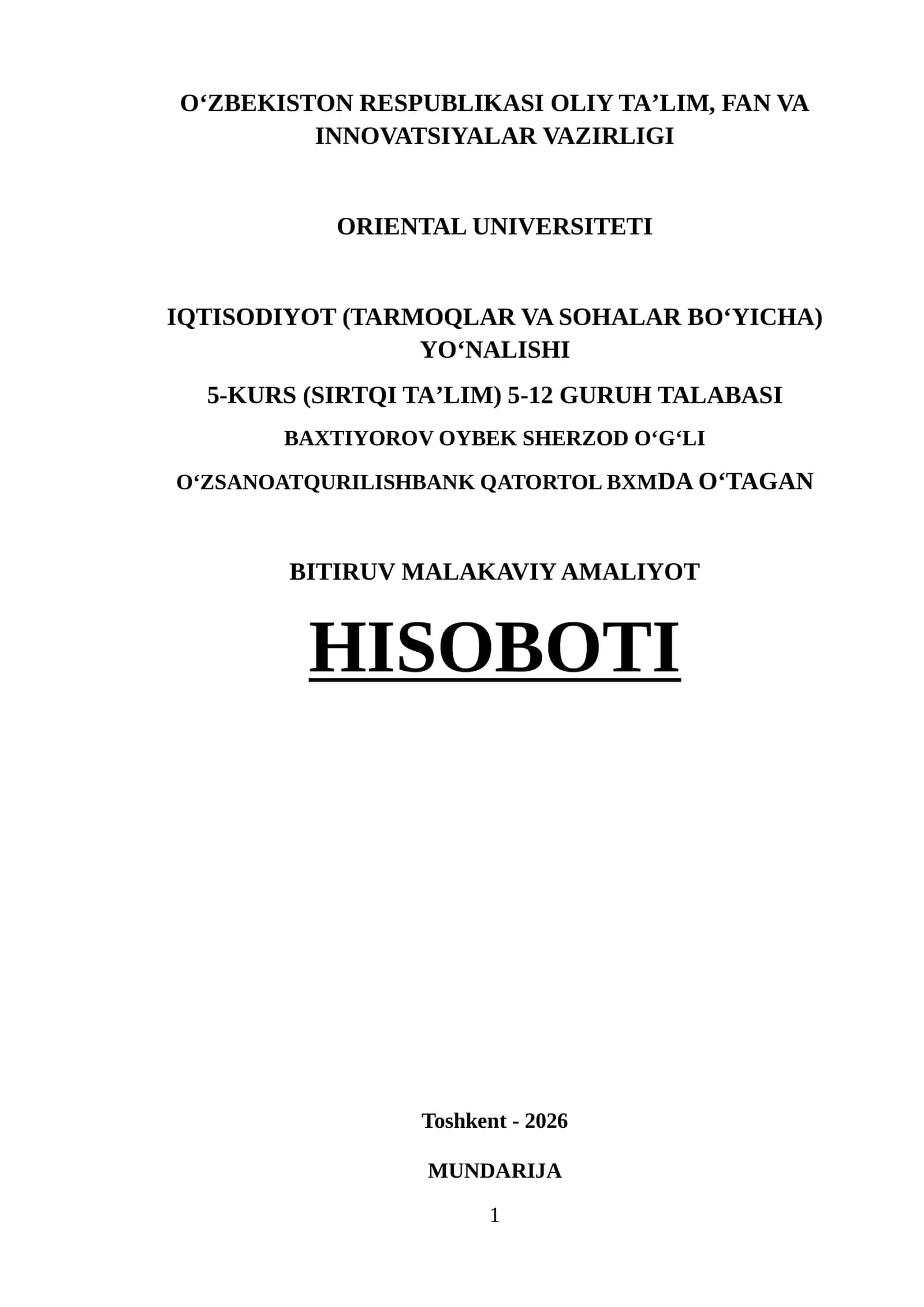 O‘ZSANOATQURILISHBANK. bitiruv malakaviy amaliyot hisoboti