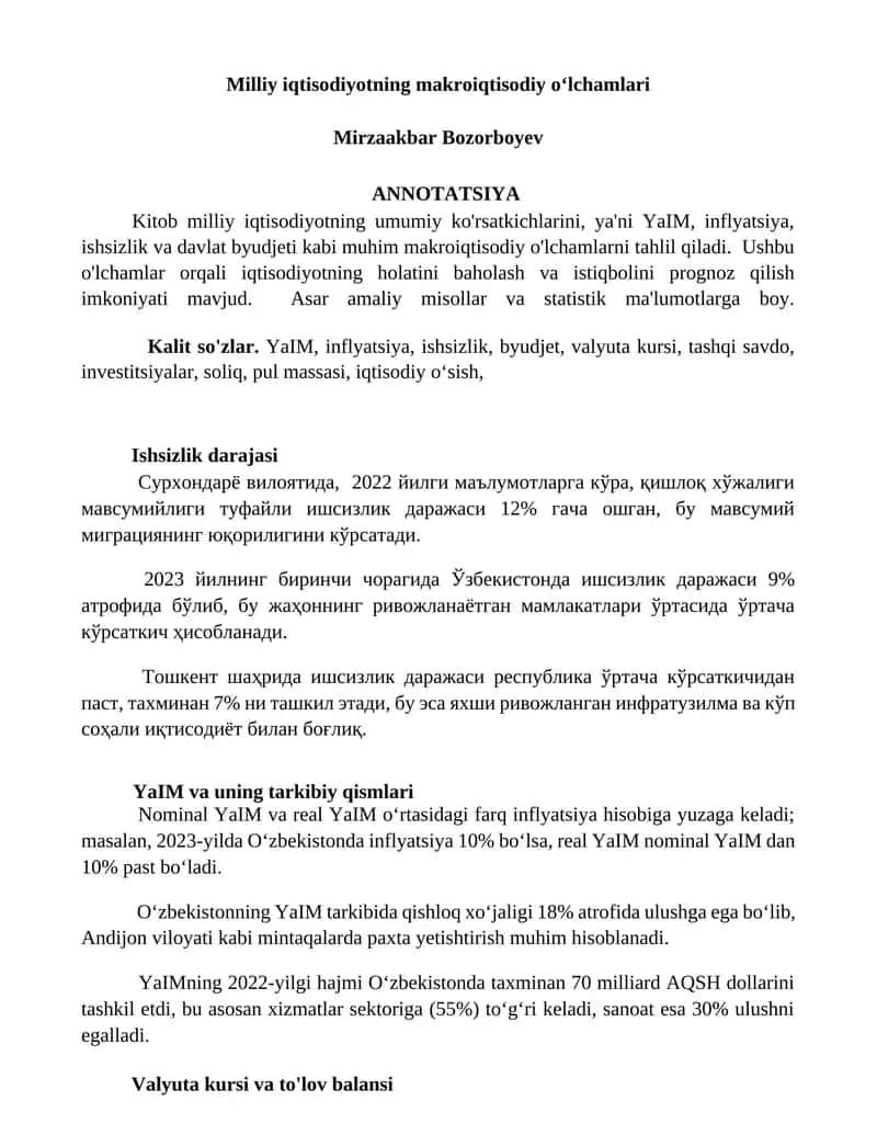 Milliy iqtisodiyotning makroiqtisodiy oʻlchamlari