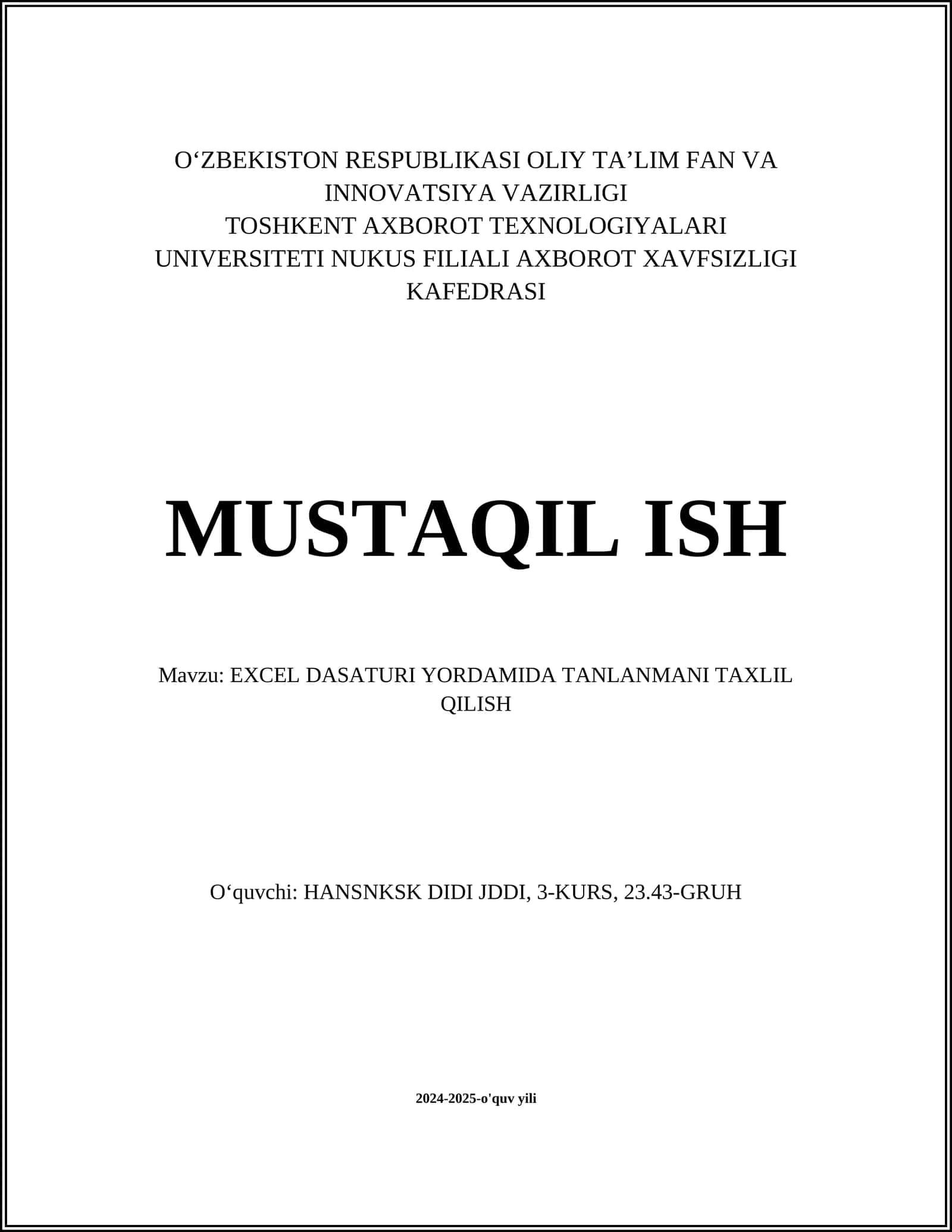 EXCEL DASATURI YORDAMIDA TANLANMANI TAXLIL QILISH