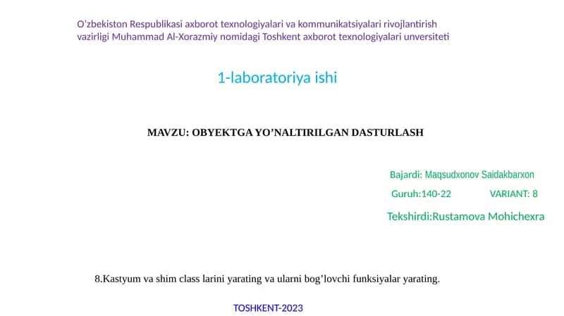 OBYEKTGA YO’NALTIRILGAN DASTURLASH