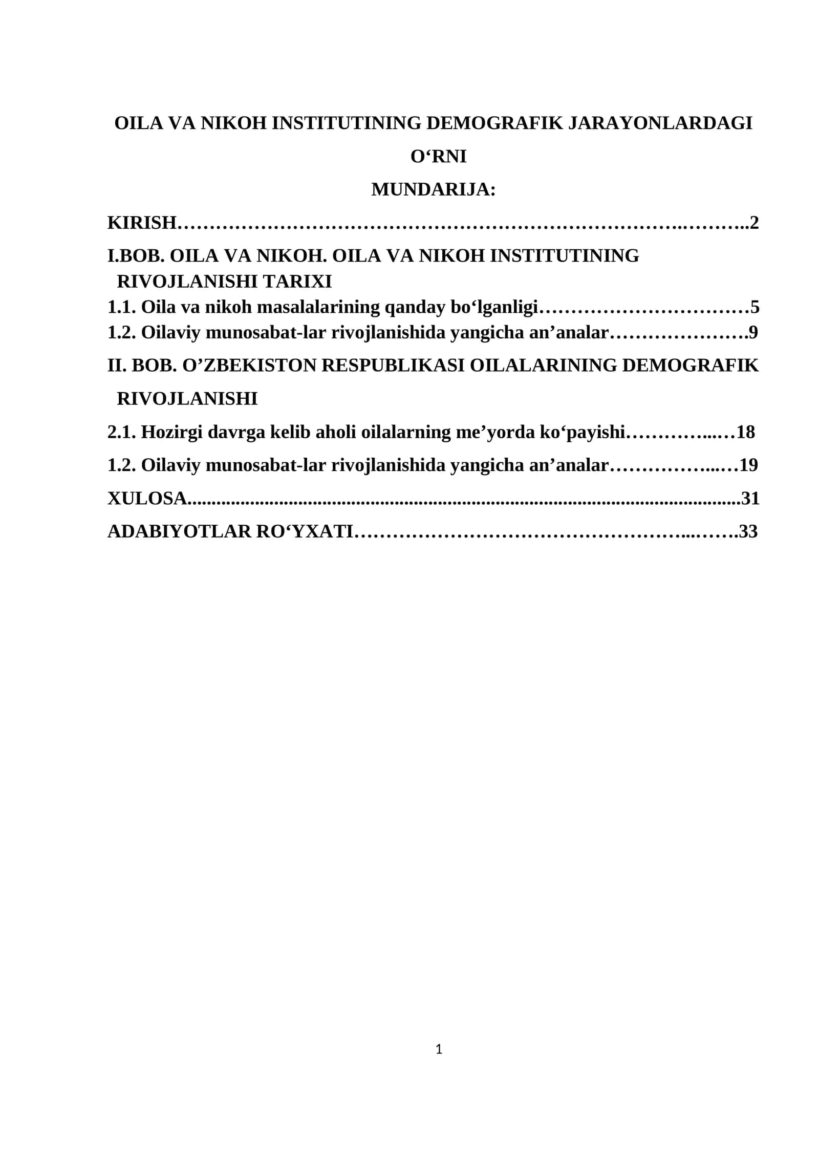 OILA VA NIKOH INSTITUTINING DEMOGRAFIK JARAYONLARDAGI O'RNI