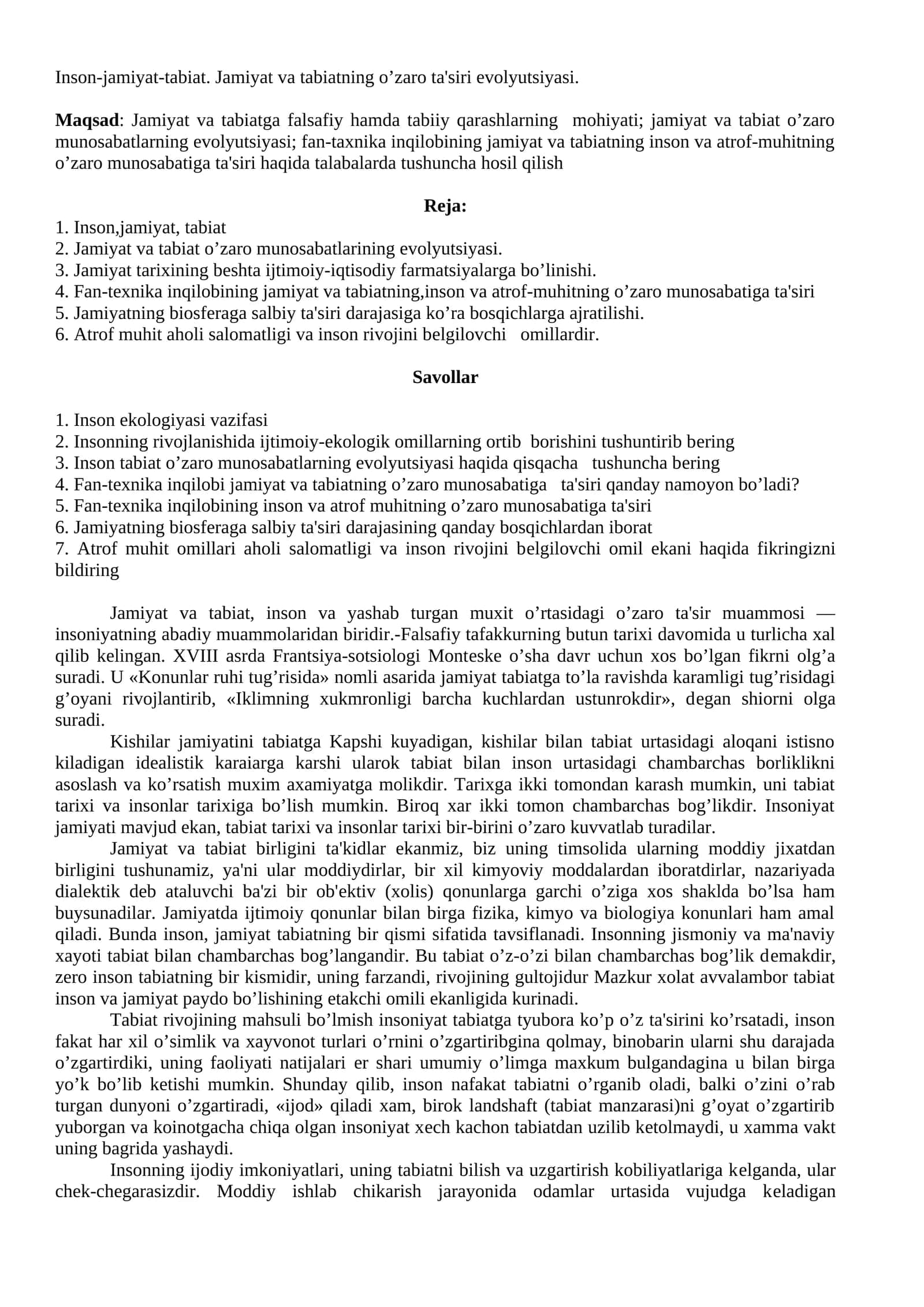 Inson-jamiyat-tabiat. Jamiyat va tabiatning o’zaro ta'siri evolyutsiyasi