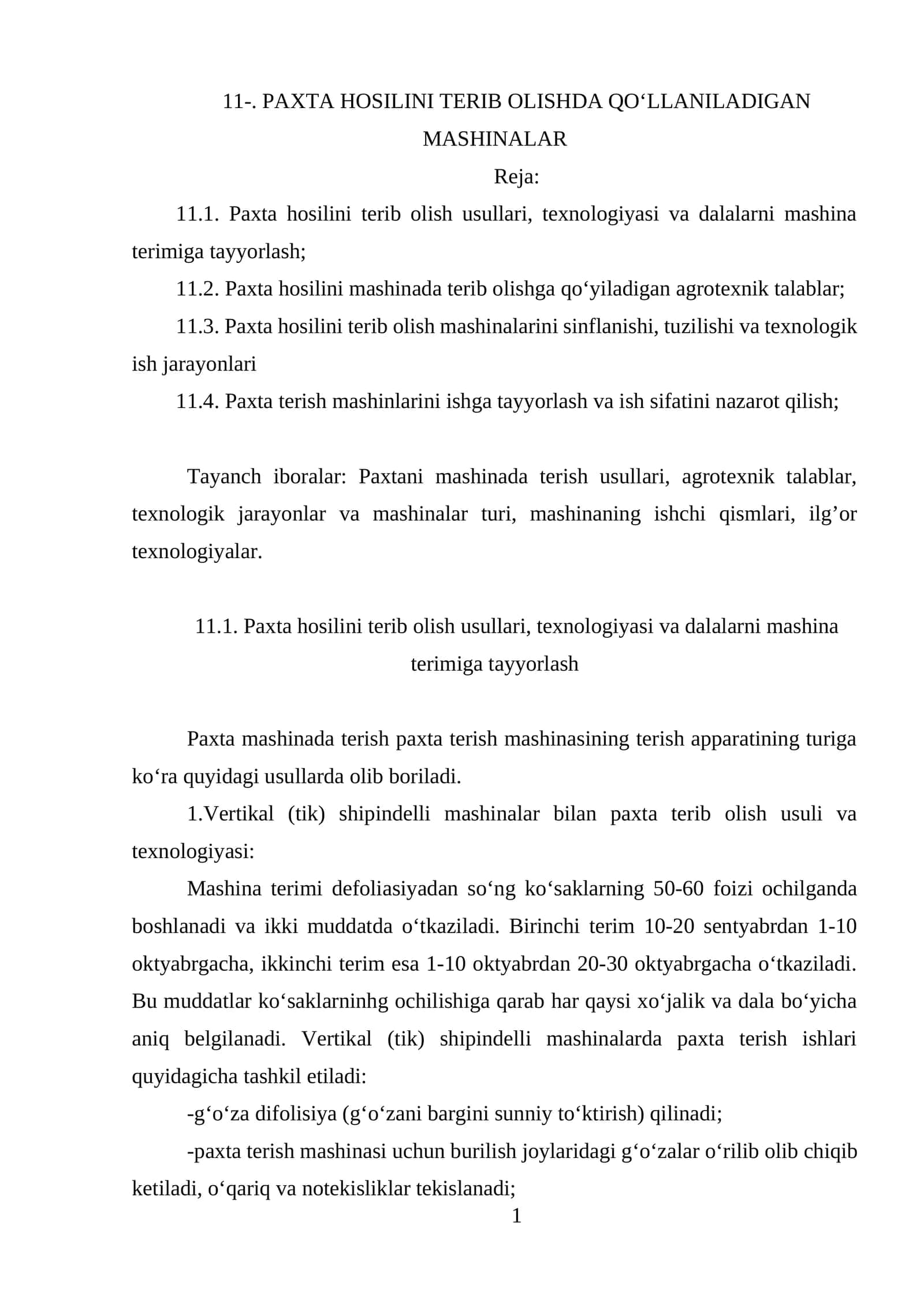 PAXTA HOSILINI TERIB OLISHDA QO‘LLANILADIGAN MASHINALAR