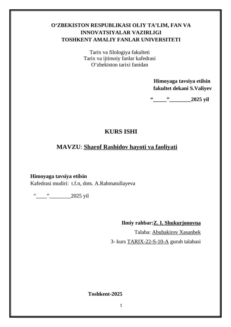 Sharof Rashidov hayoti va faoliyati kurs ishi
