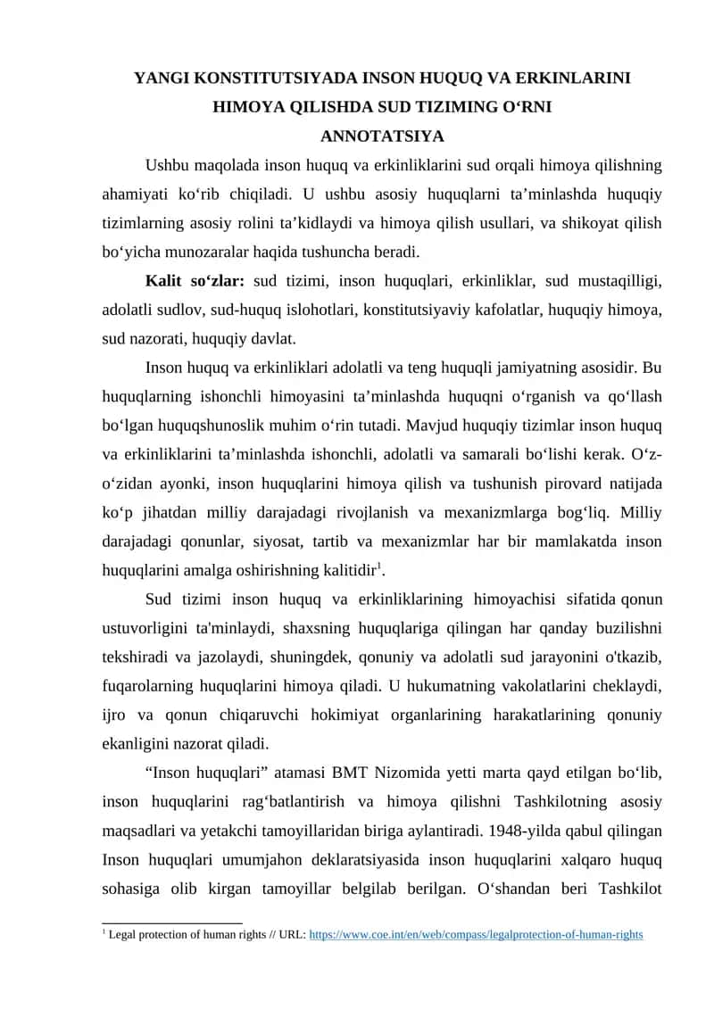 YANGI KONSTITUTSIYADA INSON HUQUQ VA ERKINLARINI HIMOYA QILISHDA SUD TIZIMING O‘RNI