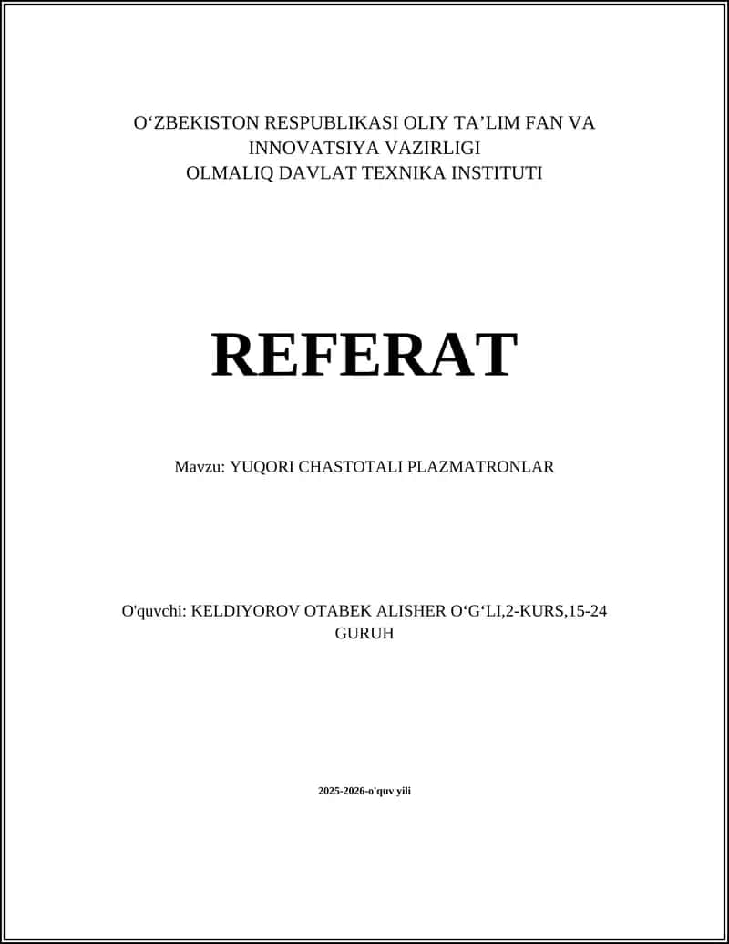 YUQORI CHASTOTALI PLAZMATRONLAR