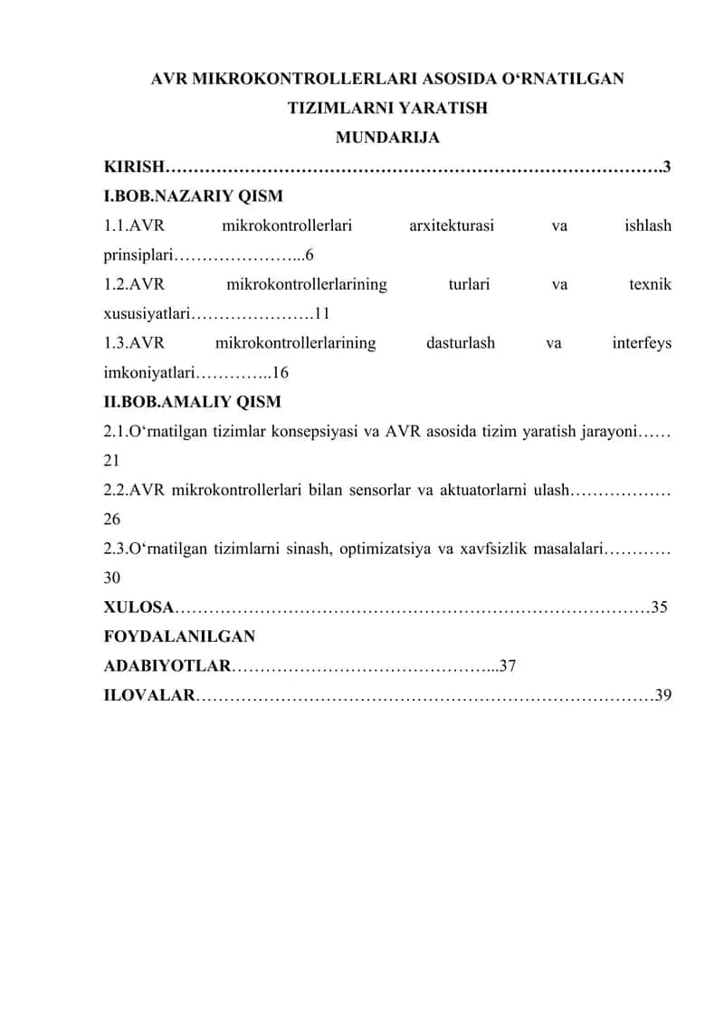 AVR MIKROKONTROLLERLARI ASOSIDA OʻRNATILGAN TIZIMLARNI YARATISH