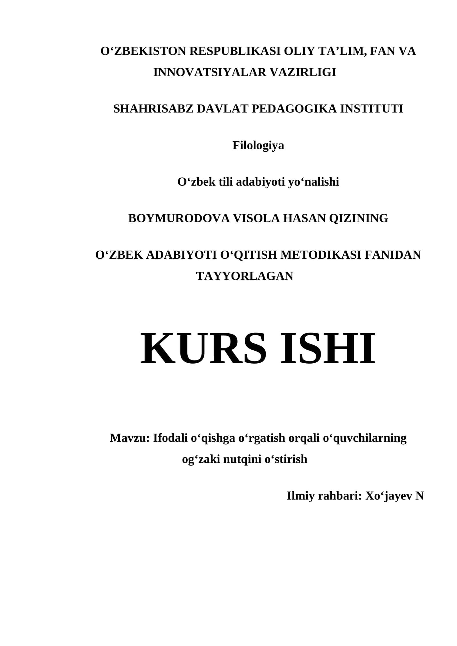 OʻZBEK ADABIYOTI OʻQITISH METODIKASI FANIDAN TAYYORLAGAN KURS ISHI