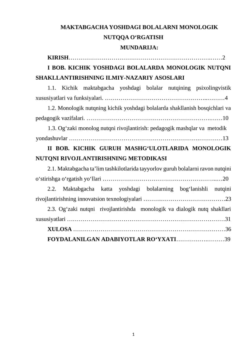 MAKTABGACHA YOSHDAGI BOLALARNI MONOLOGIK NUTQQA O‘RGATISH