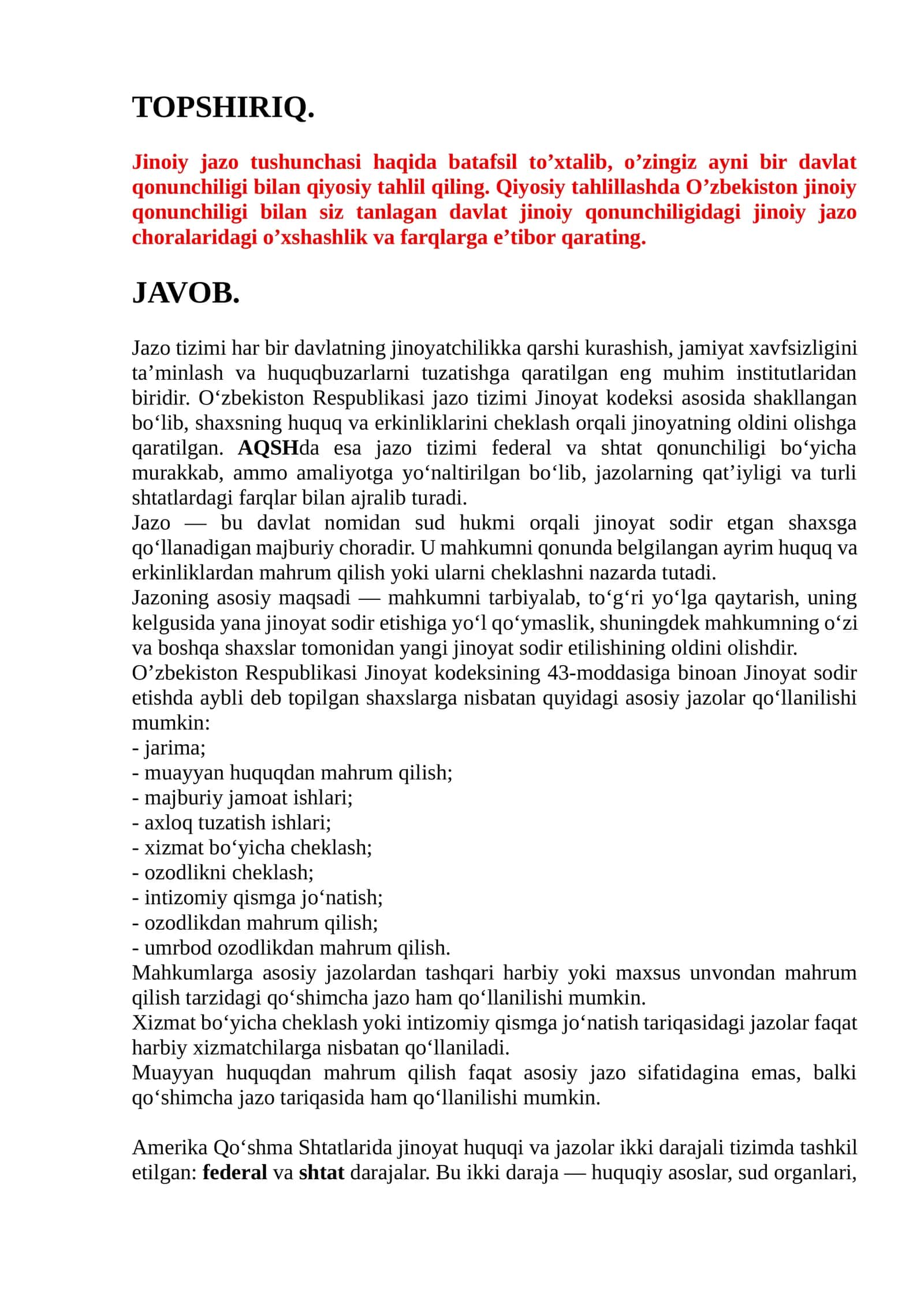 Jinoiy jazo tushunchasi haqida
