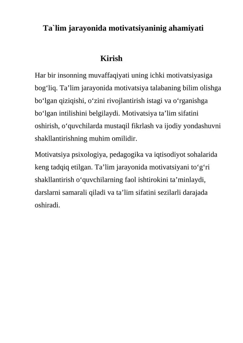 Ta'lim jarayonida motivatsiyaning ahamiyati