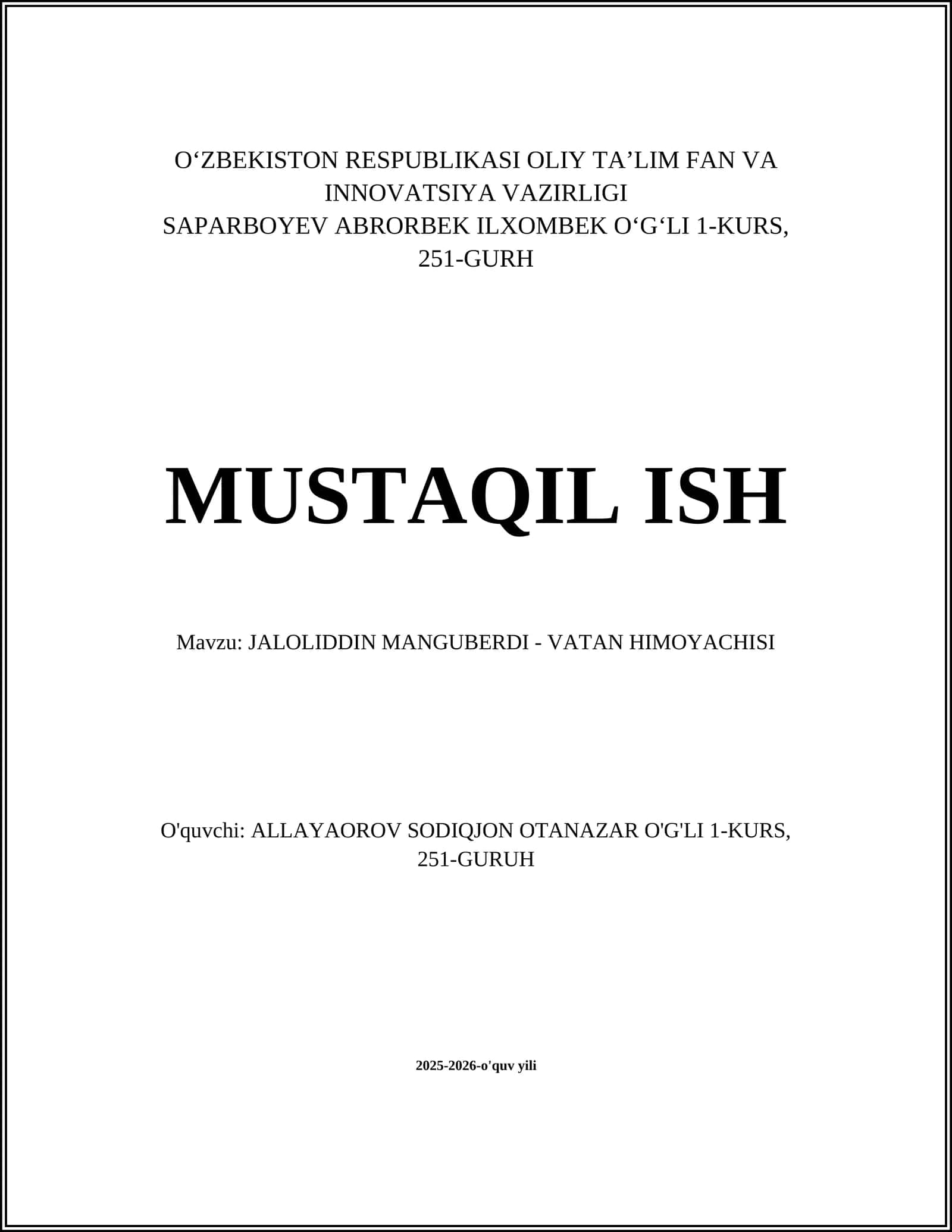 JALOLIDDIN MANGUBERDI - VATAN HIMOYACHISI