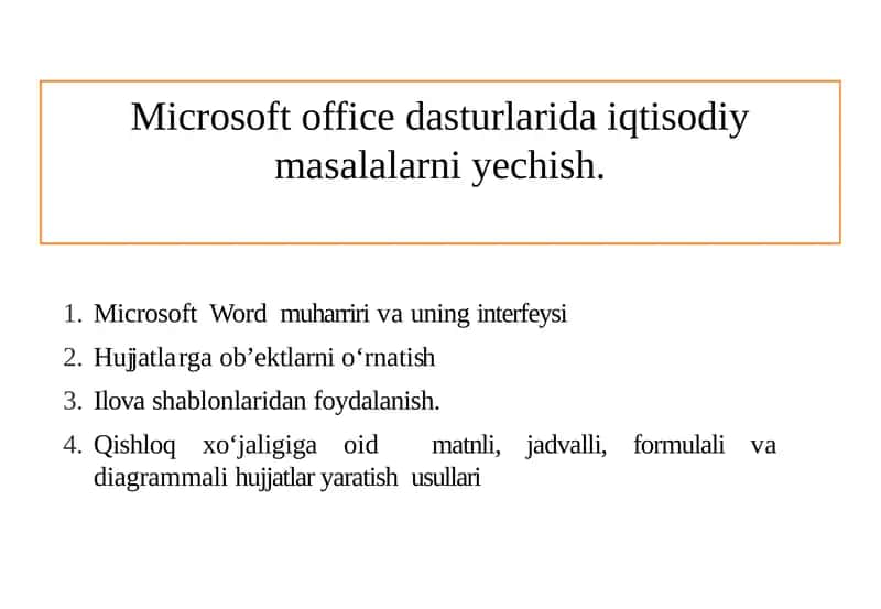 Microsoft office dasturlarida iqtisodiy masalalarni yechish.