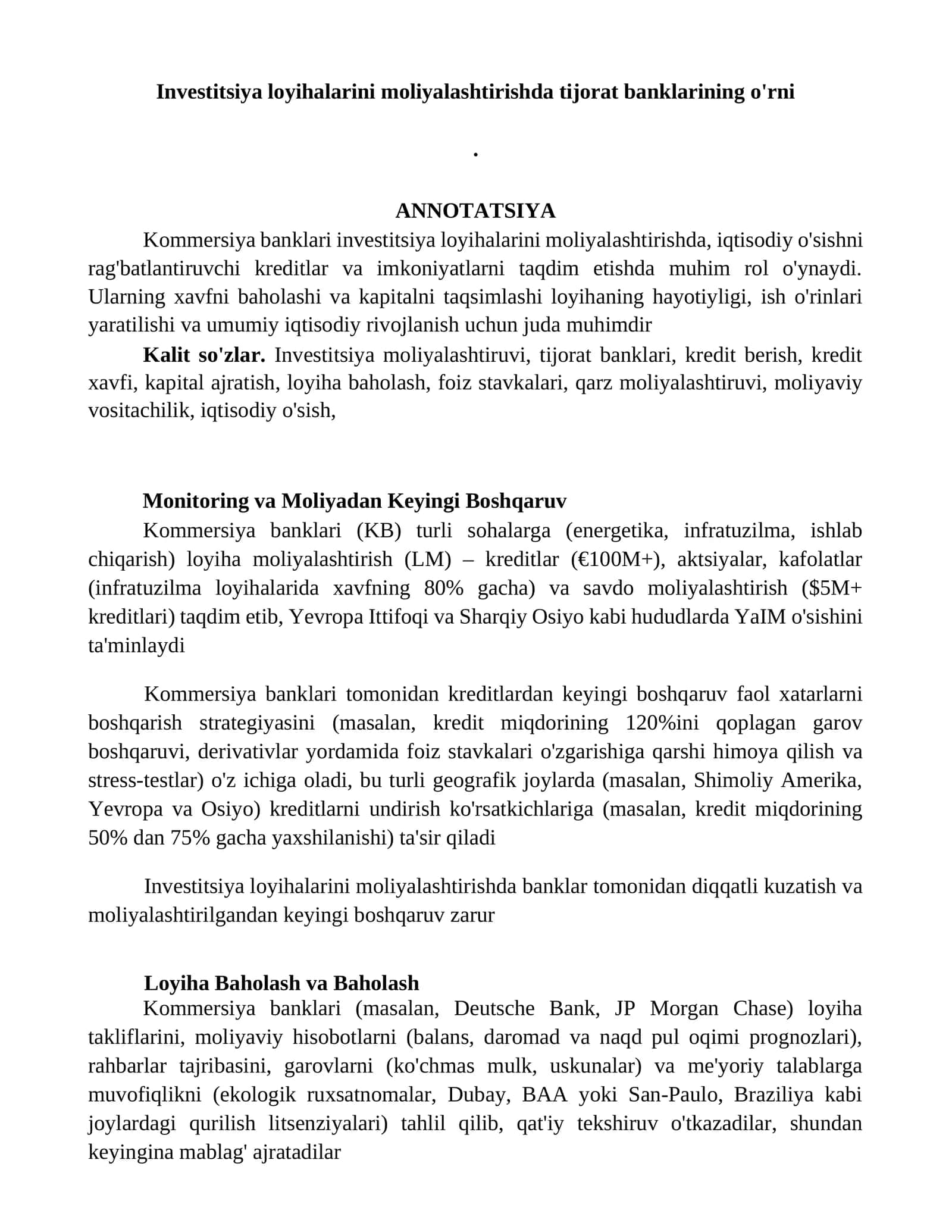 Investitsiya loyihalarini moliyalashtirishda tijorat banklarining o'rni