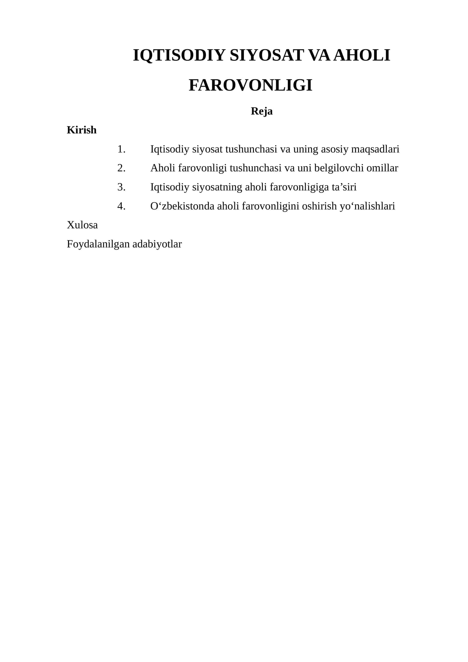 IQTISODIY SIYOSAT VA AHOLI FAROVONLIGI