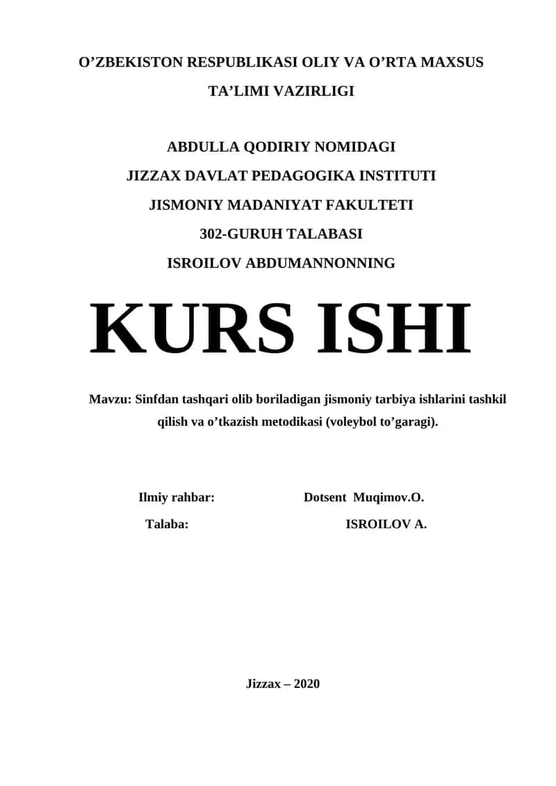 Sinfdan tashqari olib boriladigan jismoniy tarbiya ishlarini tashkil qilish va o’tkazish metodikasi (voleybol to’garagi)